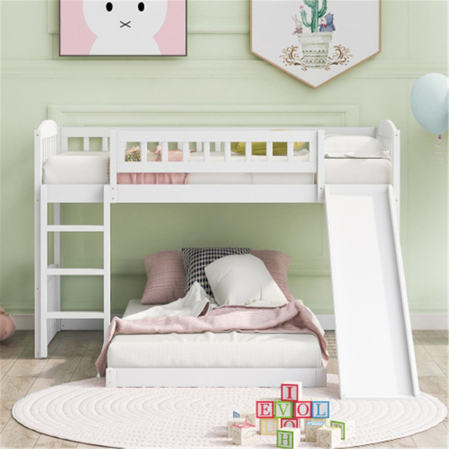 White Twin Over Twin Bunk Bed Frame with Slide & Ladder - Sturdy Safety Guardrail for Kids, Boys & Girls - Perfect for Shared Bedrooms, Sleepovers & Space-Saving Kids' Rooms