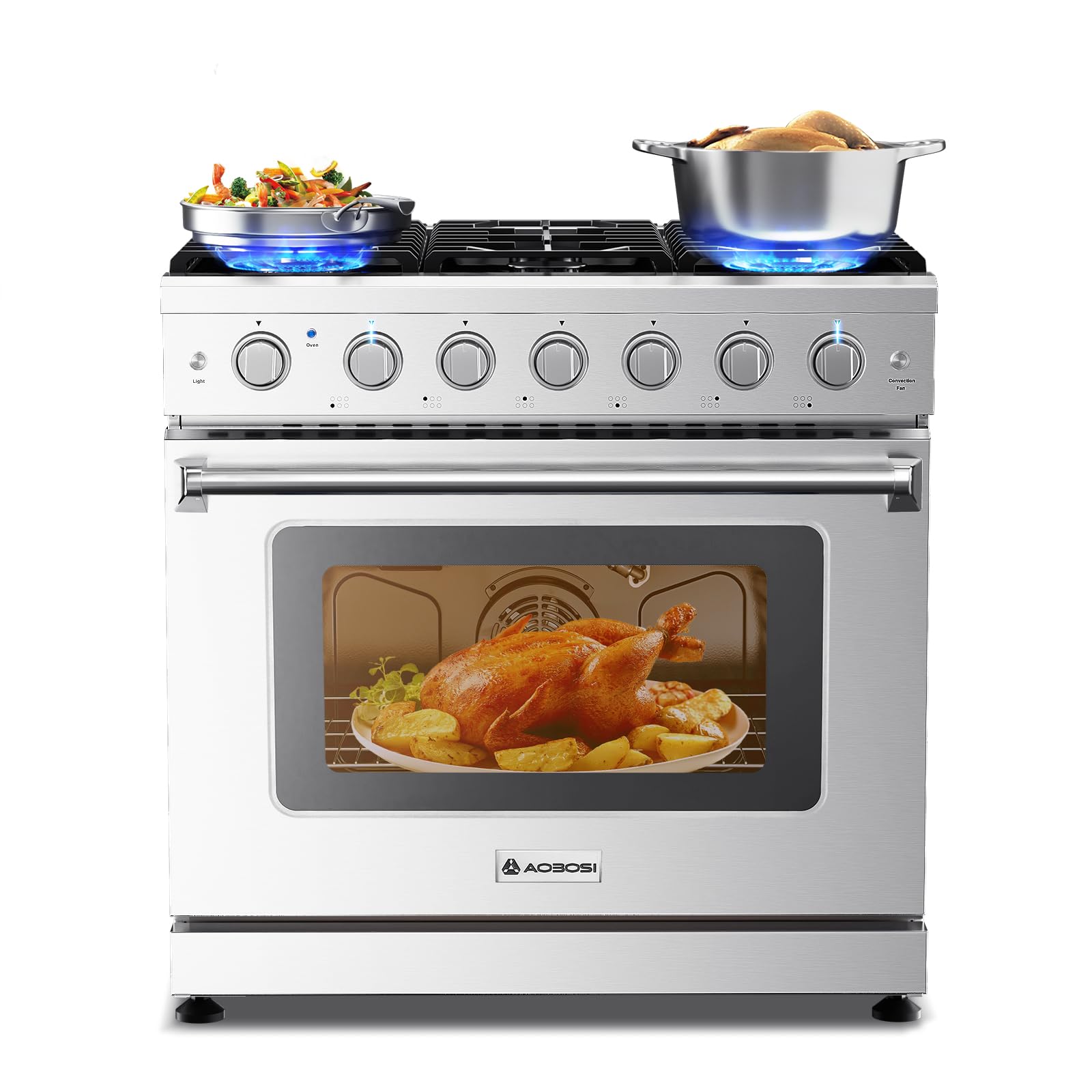36 Inch Freestanding Gas Range Oven with 6 Burners & True Convection - 6 Cu. Ft Capacity, Self-Cleaning Stainless Steel Stove with Halogen Light - Perfect for Home Kitchens & Commercial Cooking