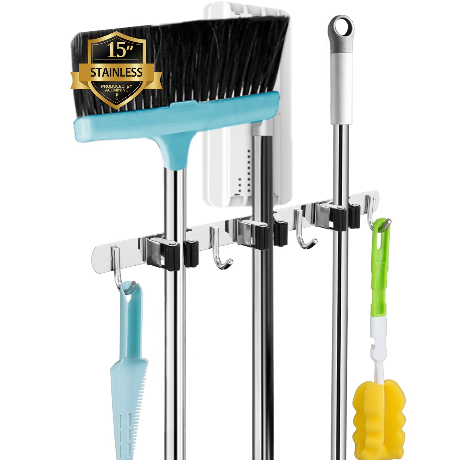 3-Tier Broom and Mop Holder with 4 Heavy Duty Stainless Steel Hooks - Wall Mounted Garage Organizer for Home, Kitchen, Laundry & Garden - Self Adhesive Non-Slip Storage Solution for Cleaning Tools & Supplies