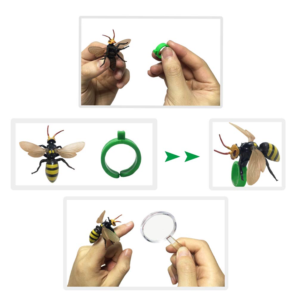 Realistic Insect Toy Figures Set - 6PCS Bug Finger Rings with Magnifying Glass | Dragonfly, Butterfly, Grasshopper, Bee, Ladybug, Cicada | Pretend Play Educational Toys for Kids Outdoor Exploration & Science Learning