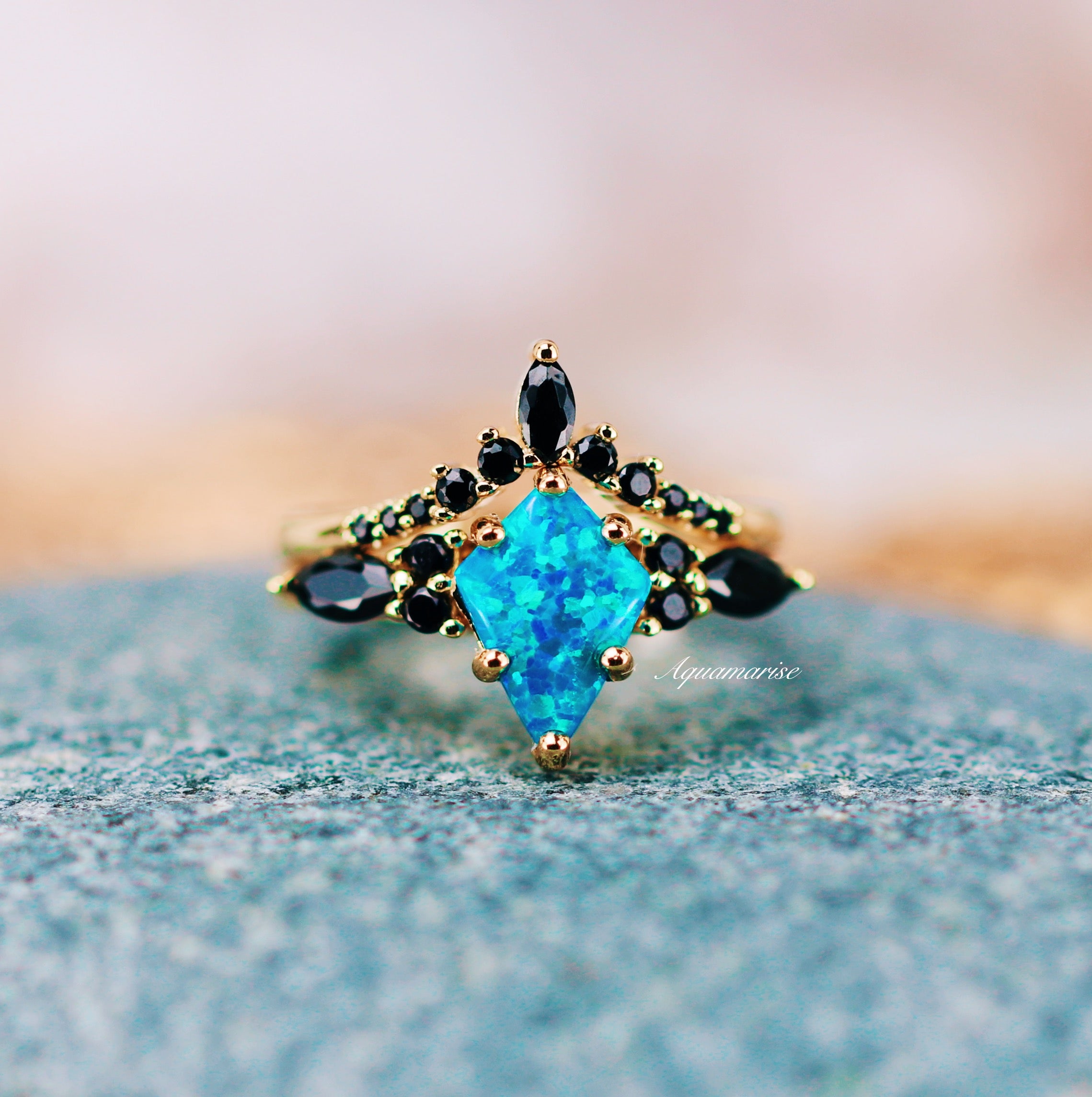 Skye Kite™ Blue Fire Opal & Black Onyx 14K Yellow Gold Vermeil Ring Set - Elegant Jewelry Gift for Women, Perfect for Weddings, Anniversaries and Special Occasions
