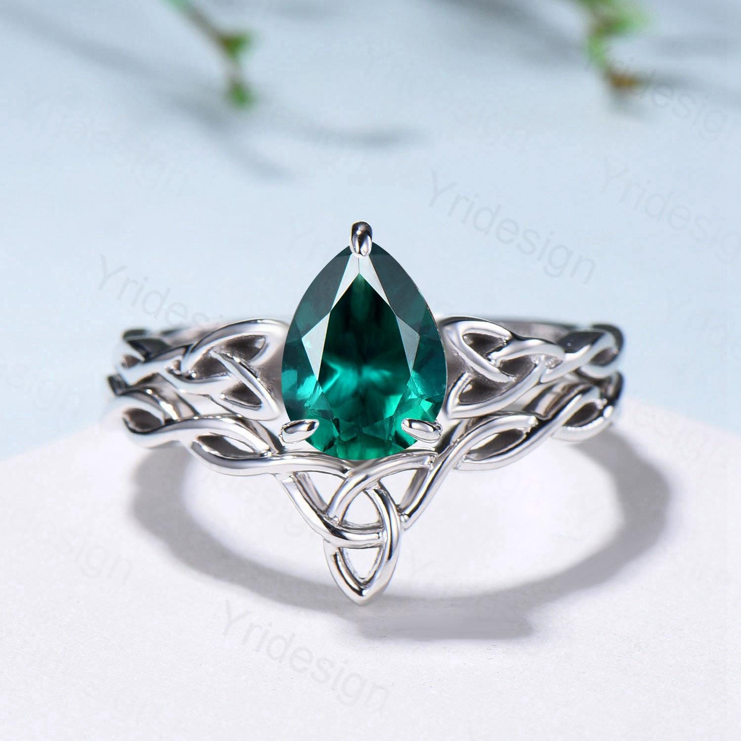 Emerald Wedding Ring Set - Norse Viking Lab Emerald Engagement Ring with Celtic Knot Design - May Birthstone Jewelry in White Gold - 2Pcs Twisted Bridal Set for Weddings, Anniversaries & Special Occasions