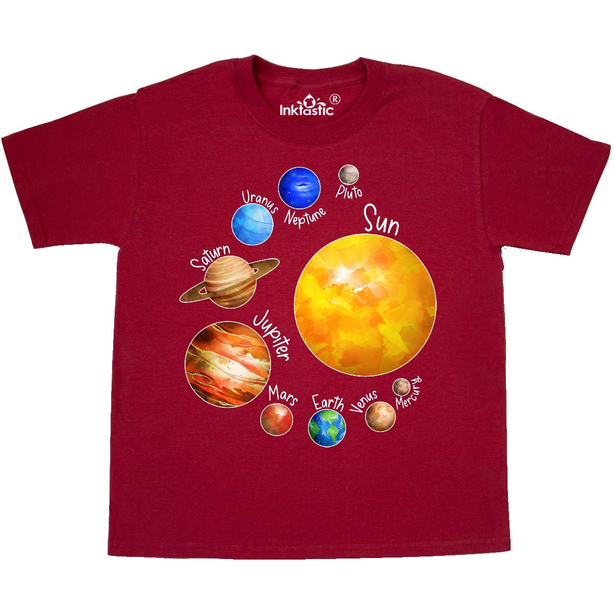 Inktastic Sun and Planets - Yes, and Pluto Youth T-Shirt | Space Astronomy Solar System Graphic Tee for Kids | Perfect for School, Science Class & Space-Themed Birthday Parties