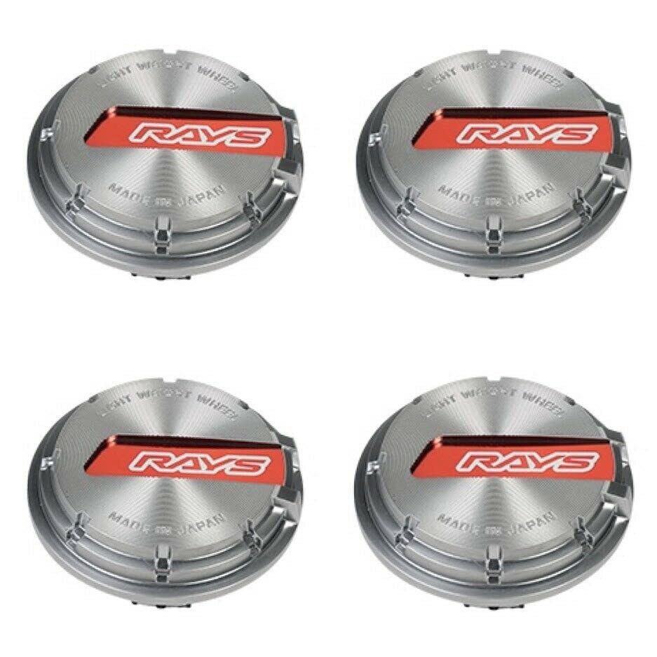 Rays Gram Lights 57CR & 57DR Wheel Center Caps - Chrome with Red Logo (Set of 4) | Premium Hub Caps for Car Enthusiasts & JDM Style Wheels
