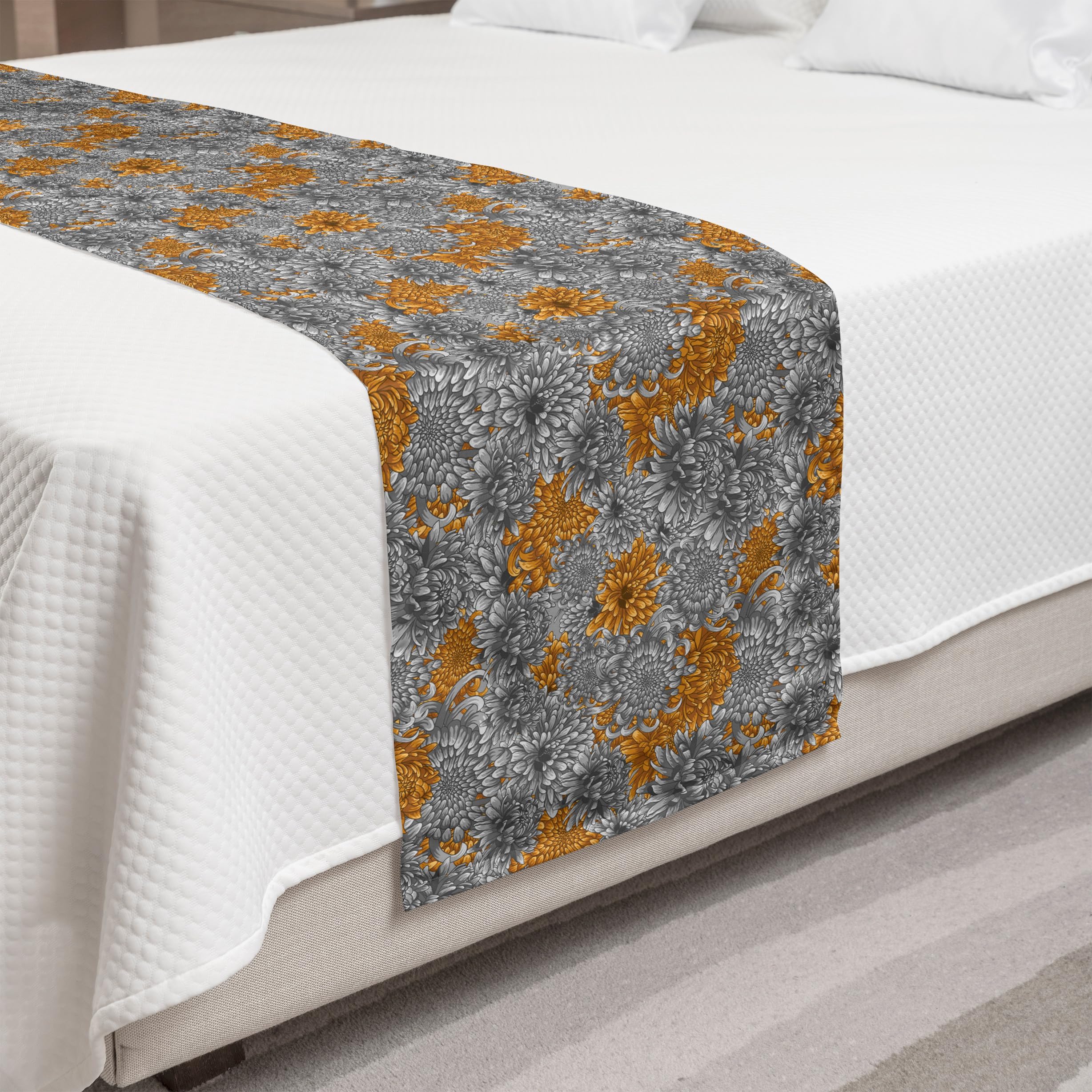 Ambesonne Floral Bed Runner - Grey and Yellow Chrysanthemum Print Decorative Bed Scarf for Queen & King Beds | Elegant Home & Hotel Bedding Accent | Perfect for Guest Rooms, Master Bedrooms & Luxury Bed Makeovers