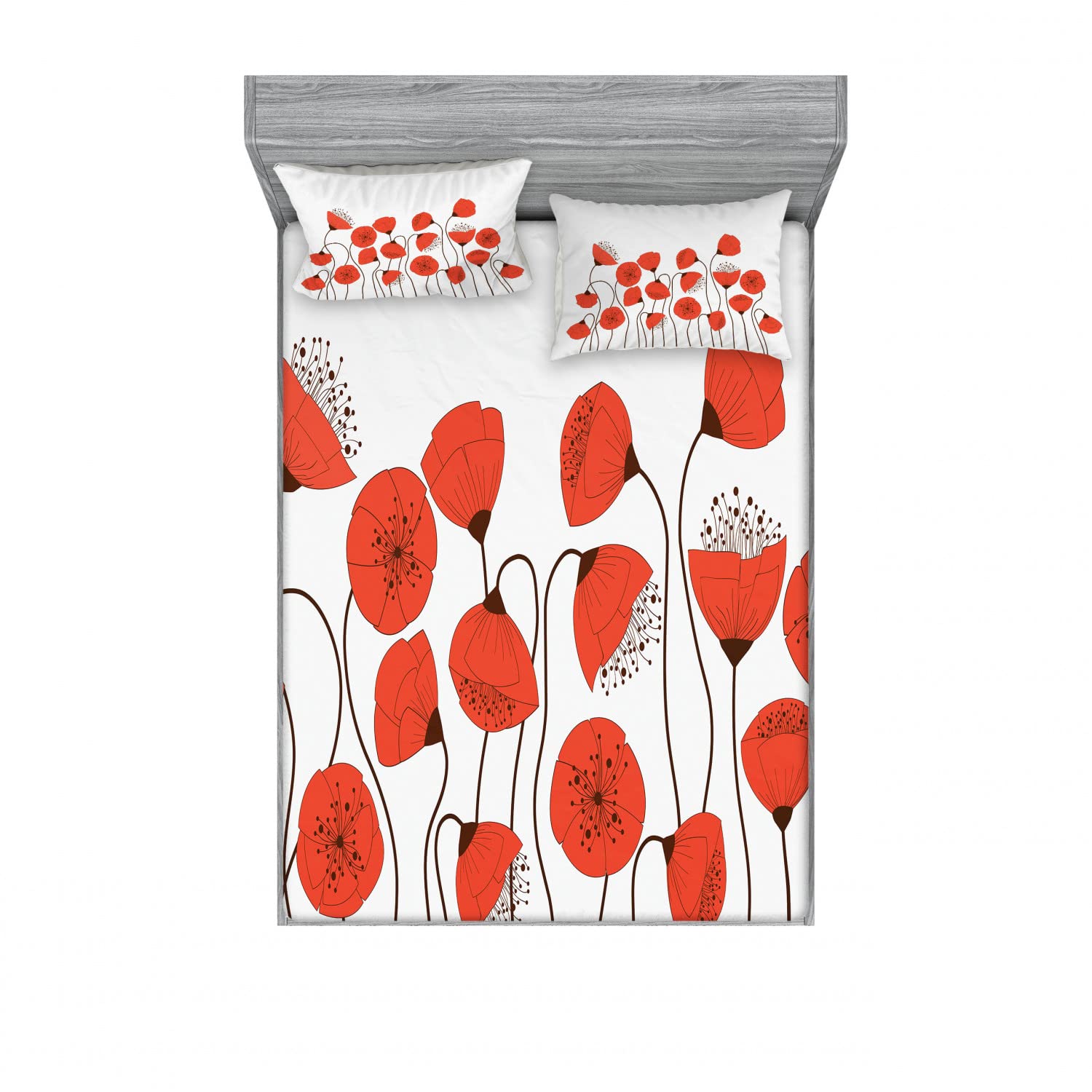 Ambesonne 2-Piece King Size Fitted Sheet Set with 4 Pillow Shams - Summer Poppy Flowers Design in Vermilion & Pearl - Soft Bedding for Guest Rooms, Master Bedroom & Vacation Homes - Breathable 4-Piece Sheet Set for Hot Sleepers