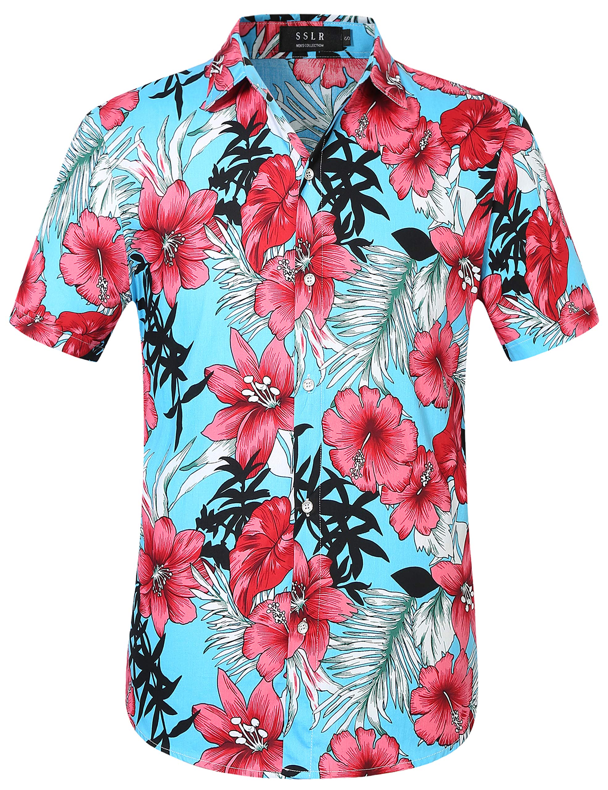 SSLR Men's Casual Short Sleeve Button Down Hawaiian Shirt - Tropical Print Summer Beach Shirt for Vacation, Party & Outdoor Activities