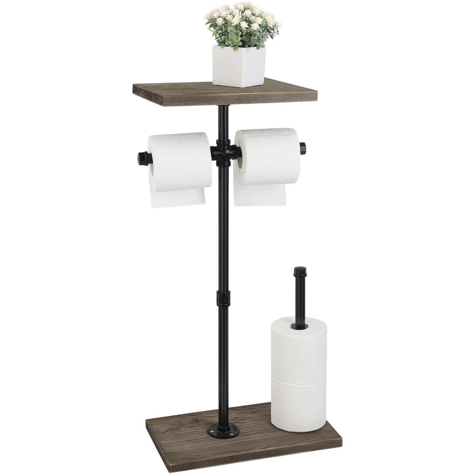 Vintage Steampunk Freestanding Tissue Paper Holder - Industrial Toilet Paper Stand with Wood Shelf & Wrought Iron Pipe - Farmhouse Bathroom Decor for Home, Office, Restaurant Use