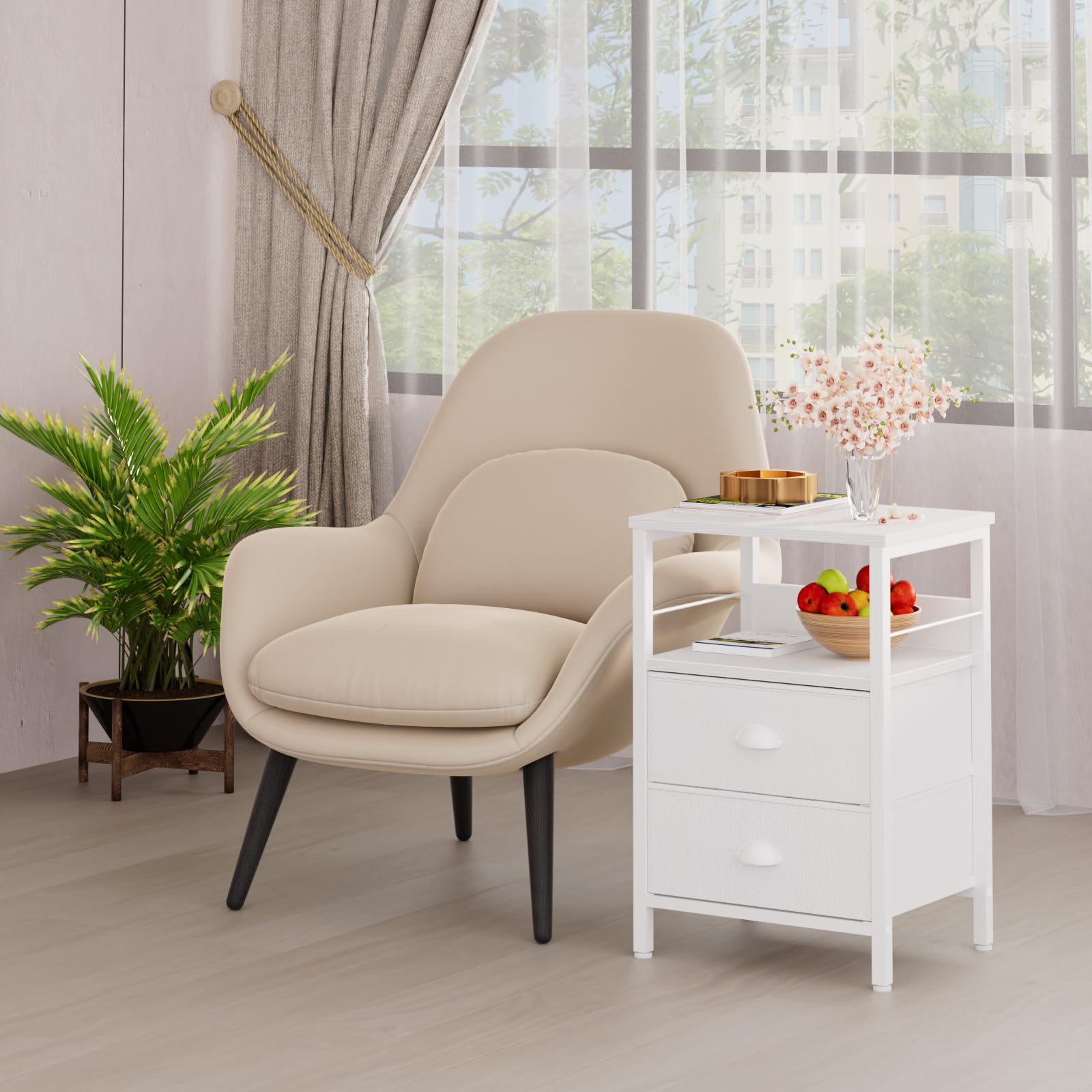 Furologee Nightstand Set of 2 - Modern End Tables with 2 Fabric Drawers & Hooks, Wood Shelf Side Table for Bedroom, Living Room, Hallway - White | Perfect for Small Spaces, Apartment Decor & Storage Solutions