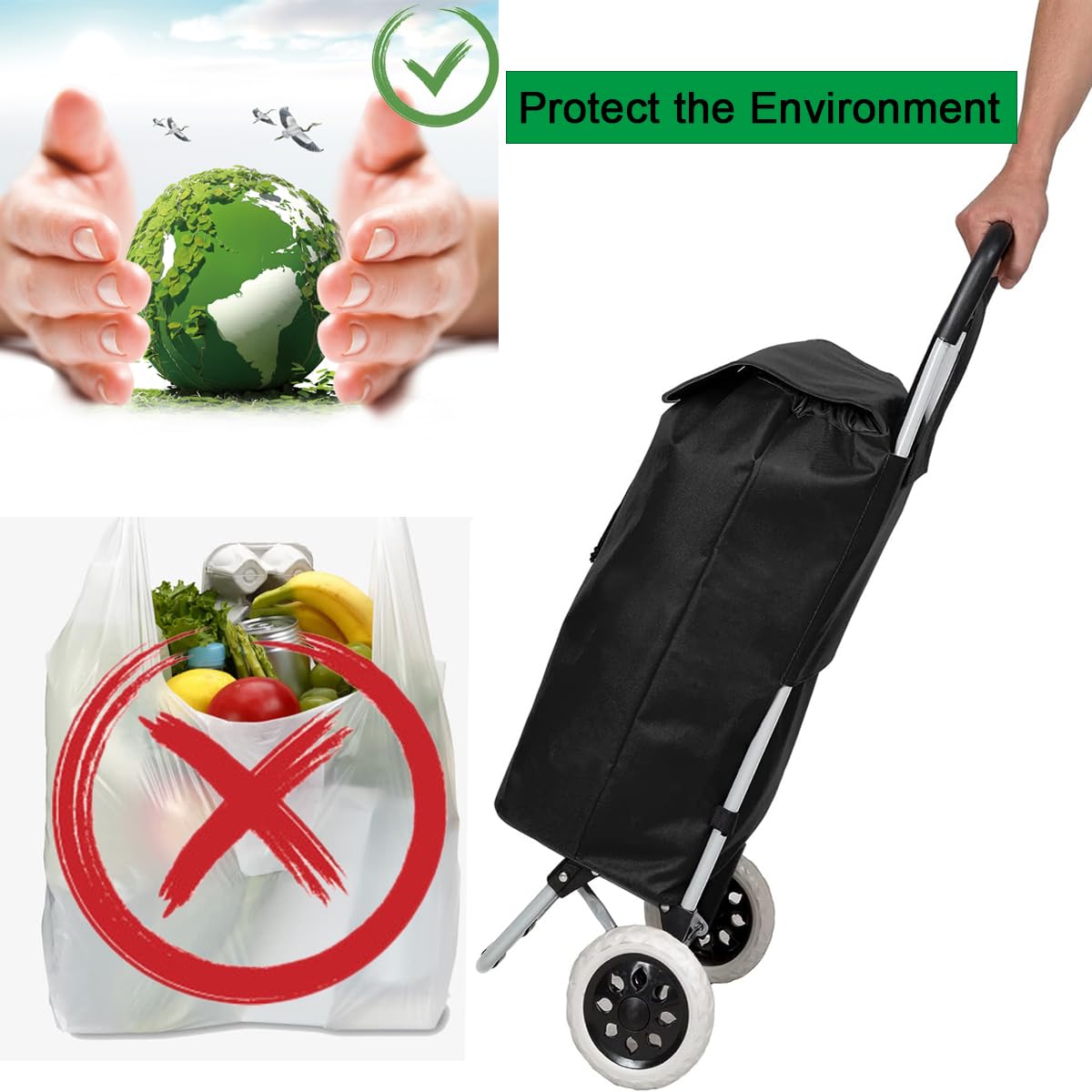 59L Foldable Lightweight Shopping Cart - Durable 2-Wheel Grocery Trolley with Easy Storage | Perfect for Supermarket Trips, Farmers Markets & Heavy Grocery Hauling (Black)
