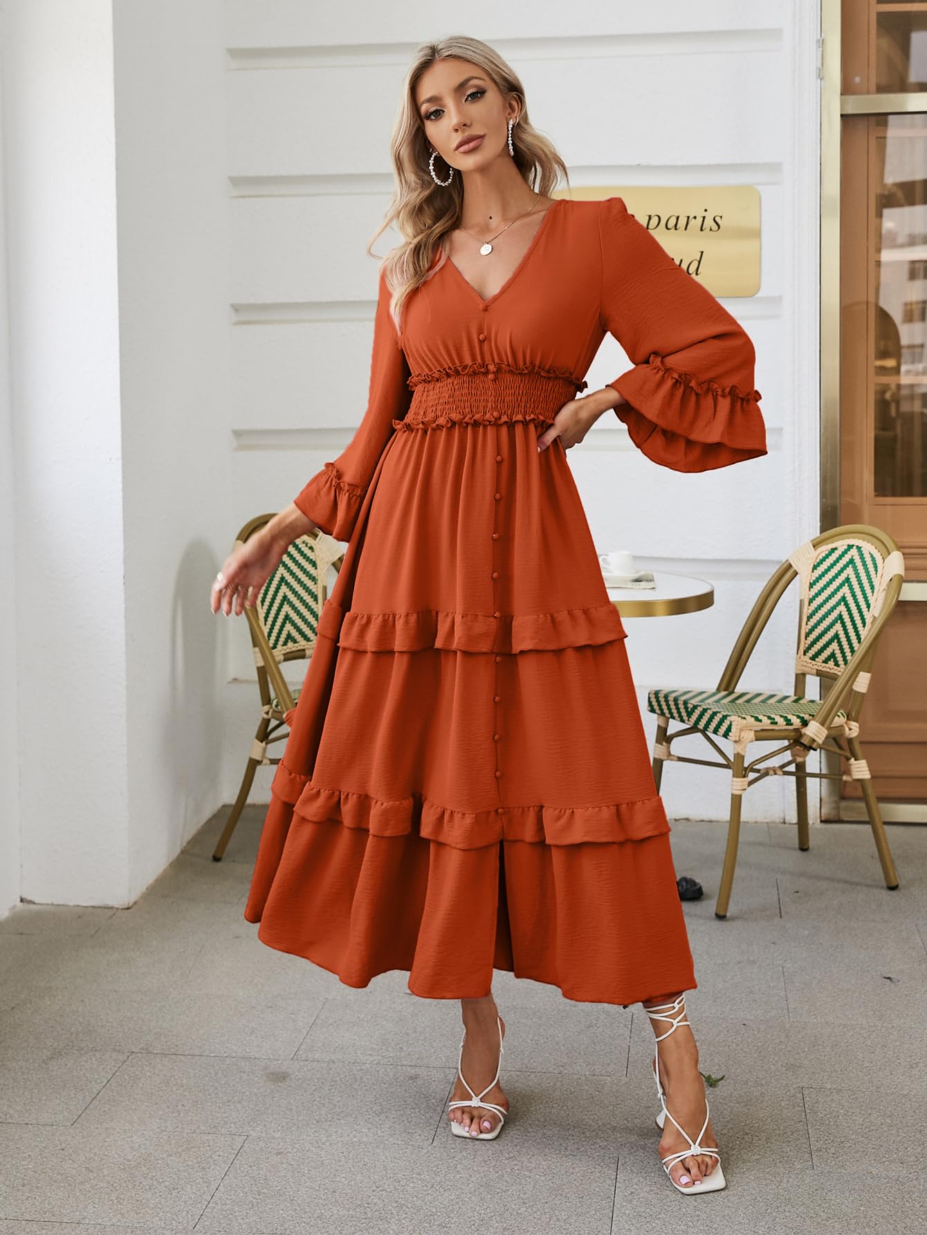 Amegoya Women's V Neck Long Sleeve Boho Maxi Dress - Flowy Summer Wedding Guest Dress for Engagement, Party & Beach Vacation - Elegant Midi Dress for Women