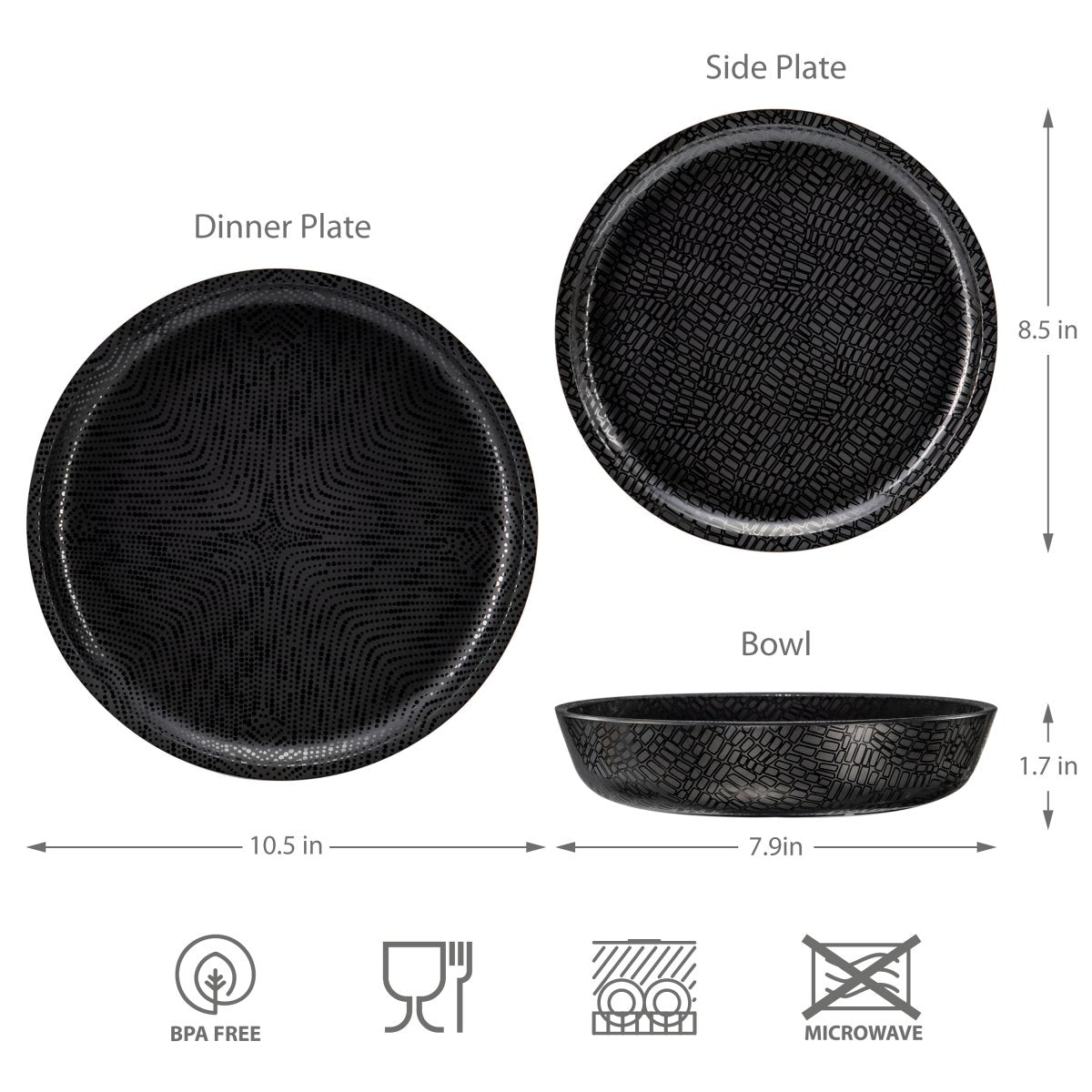 12-Piece Black Melamine Dinnerware Set - Durable Plates & Bowls for Outdoor Dining, Camping, and Picnics