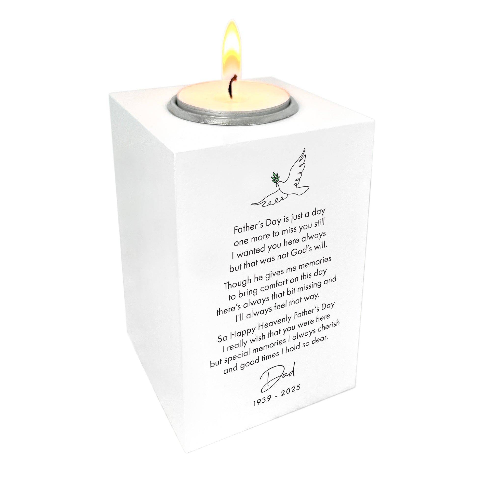 Personalized Happy Heavenly Father's Day White Tea Light Holder - Memorial Candle Holder for Dad, Grandfather - Perfect for Remembrance, Home Decor & Memorial Services