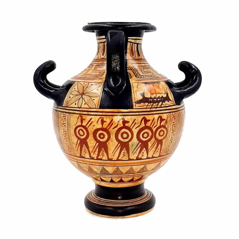 Ancient Greek Geometric Hydria Vase - 16cm Handcrafted Ceramic Pottery with 3 Handles - Perfect for Home Decor, Wedding Centerpieces & Museum-Quality Collectibles