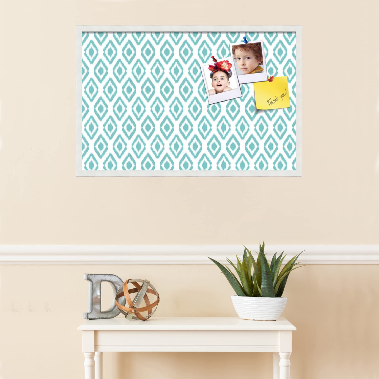 PinPix 34x22 Inch Cork Bulletin Board with Ikat Aqua Design & Satin White Frame - Decorative Wall Pin Board for Home Office Decor, School Classroom, Dorm Room Organization & Message Display