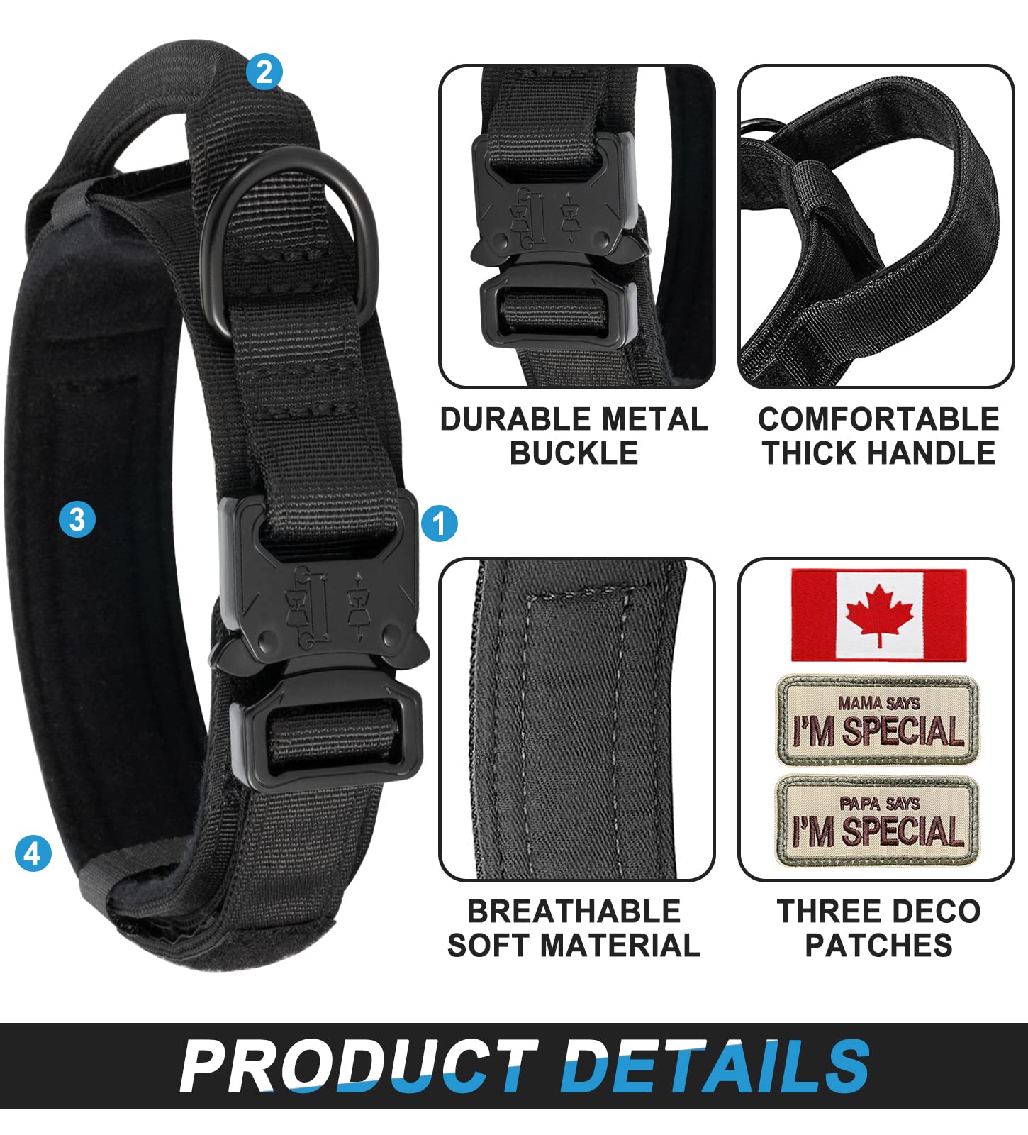 Heavy Duty Tactical Dog Collar for Large & Medium Dogs - Military Grade Nylon with Canada Flag & 2 Patches (18