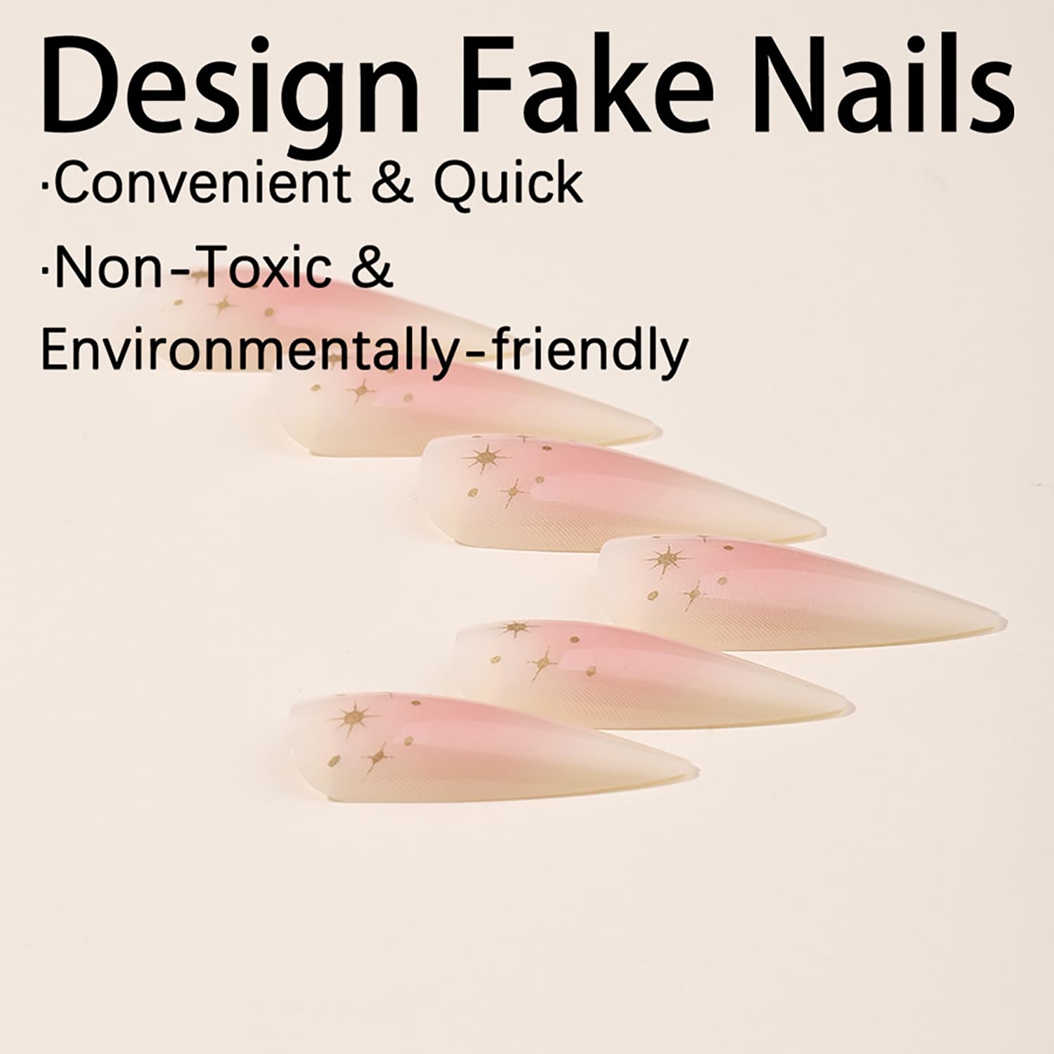 Medium Long Almond Acrylic Fake Nails - Star Design Gradient Stiletto Nude Press On Nails for Women, Full Cover Glue On Artificial Nails for Party, Wedding, Prom & Special Occasions