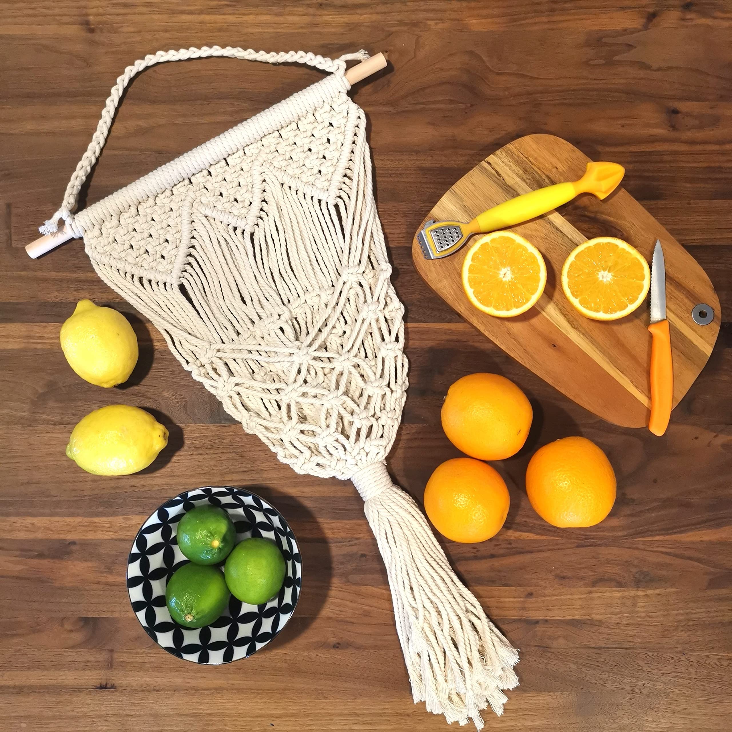Macrame Wall Mounted Fruit Basket - Boho Kitchen Decor for Fresh Fruits & Vegetables | Perfect for Small Spaces, Pantry Organization & Stylish Home Decor