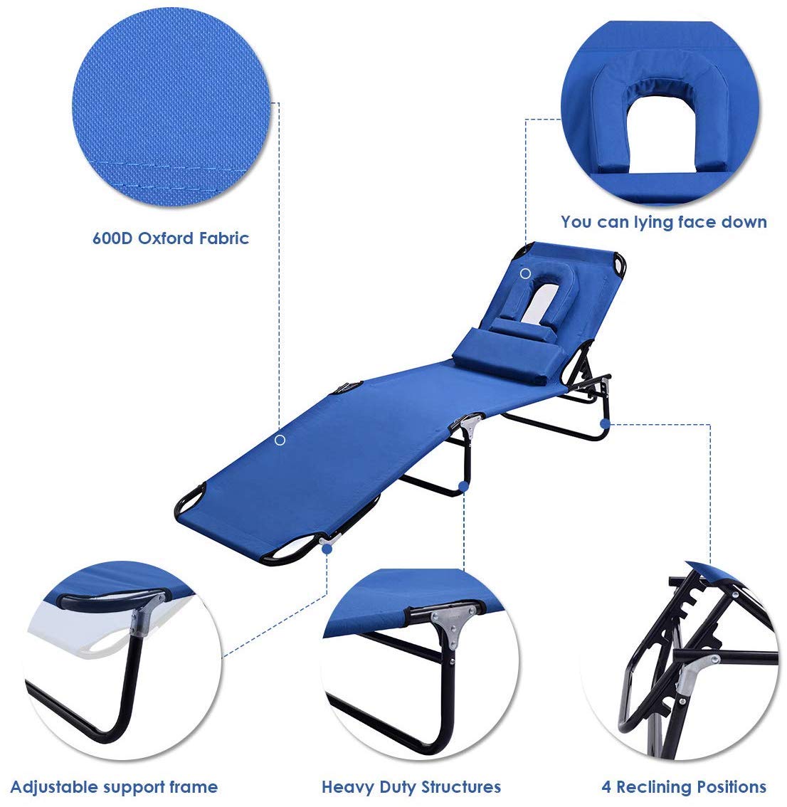 Adjustable Folding Chaise Lounge Chair with Face Hole - 4-Level Reclining Positions & Removable Pillows - Perfect for Beach, Pool, Lawn, Patio, and Outdoor Relaxation