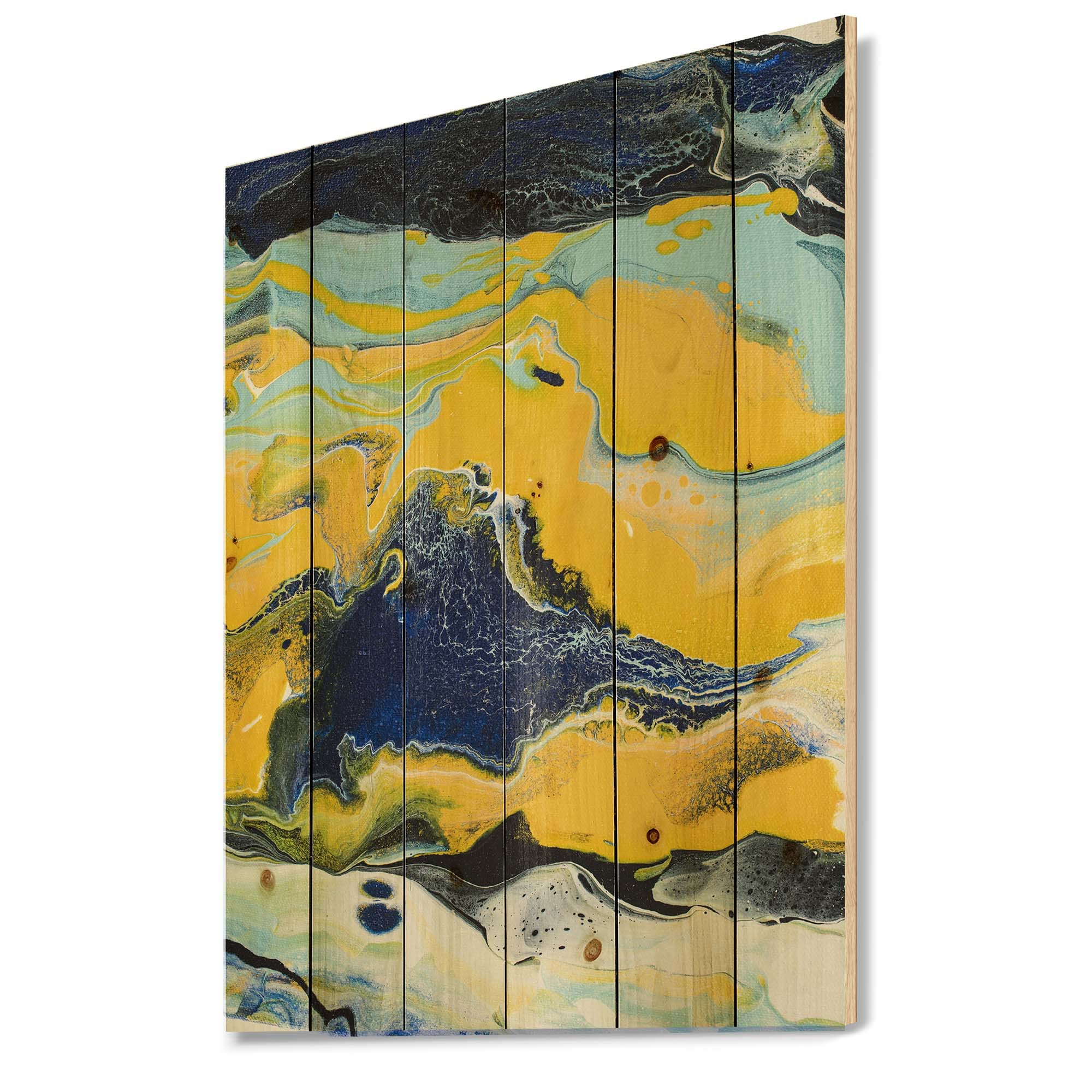 Abstract Marble Wood Wall Art in Yellow and Blue - Modern Contemporary Wooden Wall Decor - Large Pine Wood Wall Panels for Living Room, Bedroom & Office Decor