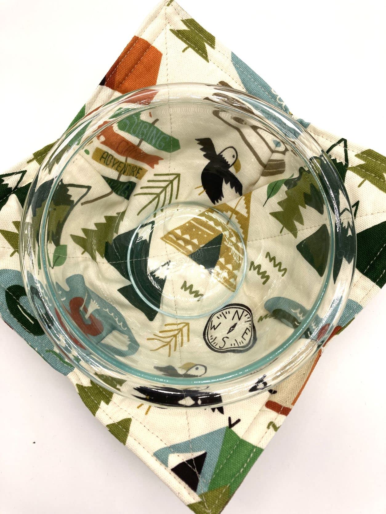 2-Pack Cotton Bowl Cozies - Microwave & Oven Safe Hot Pads for 8 Inch Bowls - Camping, Kitchen & Dining Essentials - Nature Beige Print with Multi-Color Design - Perfect for Hot Dishes, Soups & Baking