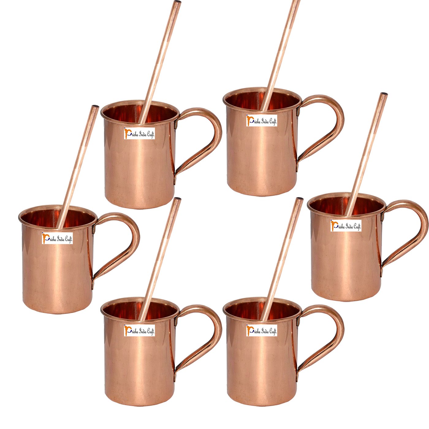 Prisha India 6-Piece Copper Mule Mug Set with Straws - 450ml (15oz) Moscow Mule Cups for Cocktails, Iced Coffee & Cold Drinks - Perfect for Parties, Bars & Home Entertaining