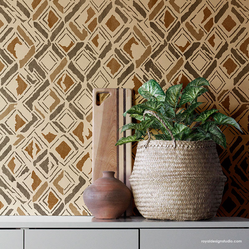 Kuba Cloth Wall Stencil - African Tribal Pattern Template for DIY Home Decor, Wall Painting & Craft Projects - Perfect for Bohemian, Ethnic & Tribal Style Interior Design