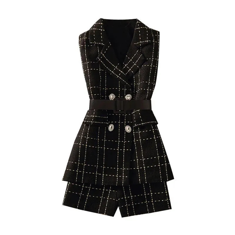 Stylish Women's 3-Piece Plaid Tweed Suit Set - Vintage Korean Style Short Jacket Vest with Belt, Pants & Knit Sweater | Office Wear, Casual Outfits & Fall Fashion
