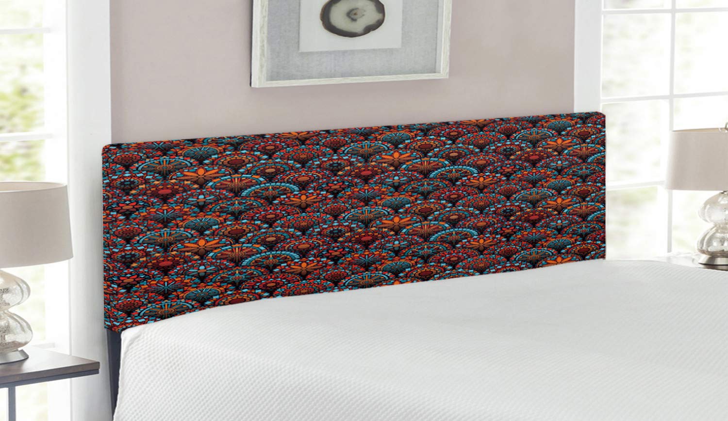 Ambesonne Moroccan Queen Size Headboard - Mandala Inspired Floral & Geometric Design Upholstered Metal Bed Frame with Memory Foam in Aqua, Orange & Ruby | Perfect for Bohemian & Eclectic Bedroom Decor