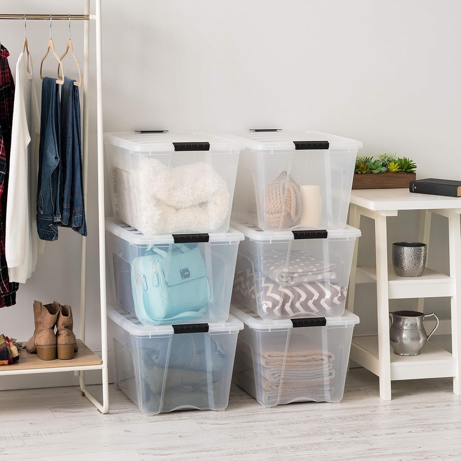 IRIS USA 54 Qt Stackable Plastic Storage Bins with Lids - 6 Pack BPA-Free Clear Organizing Containers | Durable Nestable Bins with Secure Latches & Pull Handles | Made in USA | Perfect for Home Organization, Garage Storage & Closet Decluttering