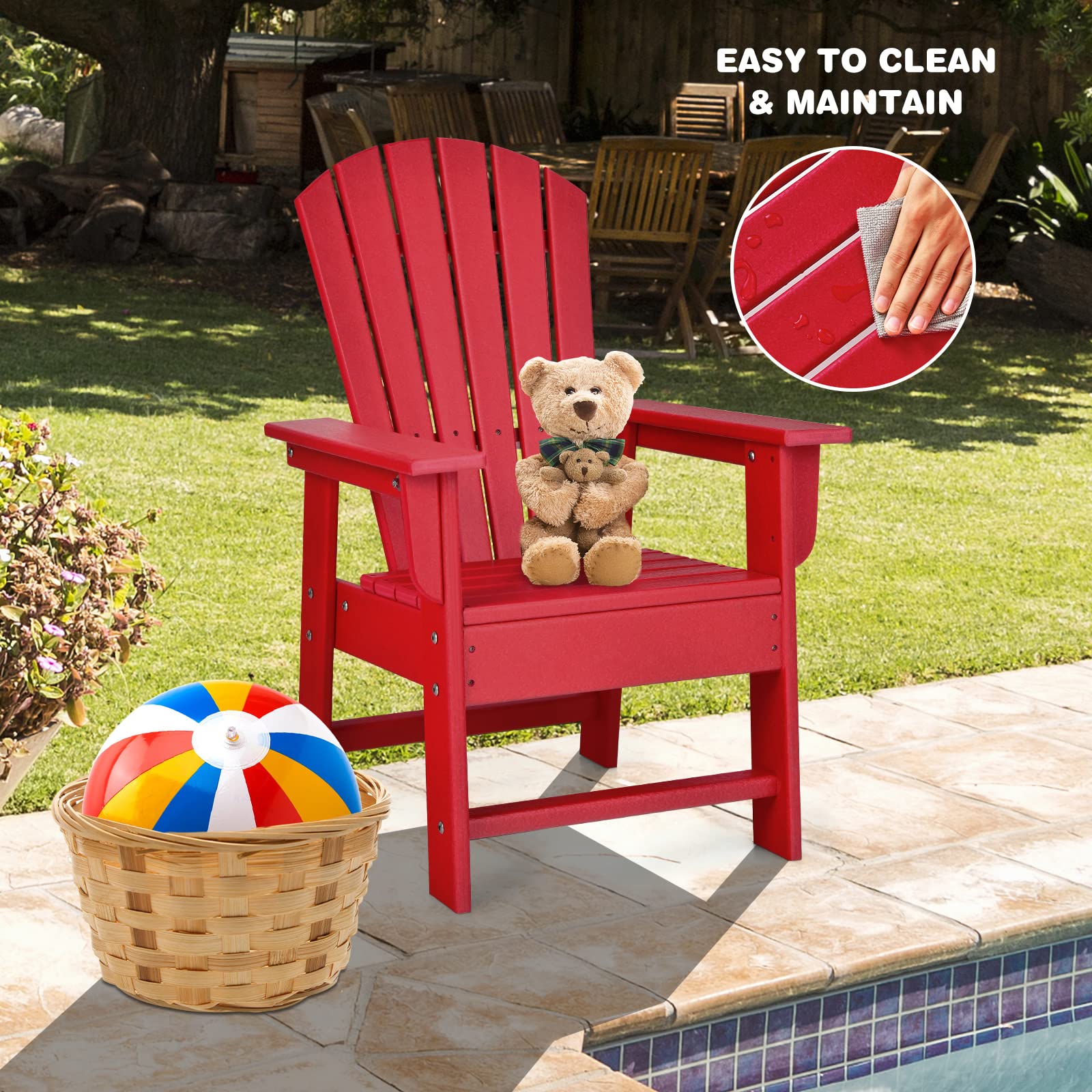 Giantex Kids Adirondack Chair - HDPE Patio Lawn Chair with Ergonomic Backrest for Outdoor & Indoor Use - Weather Resistant Toddler Outdoor Furniture for Deck, Porch, Backyard, Poolside (Red) - Perfect for Relaxing, Sunbathing and Family Gatherings