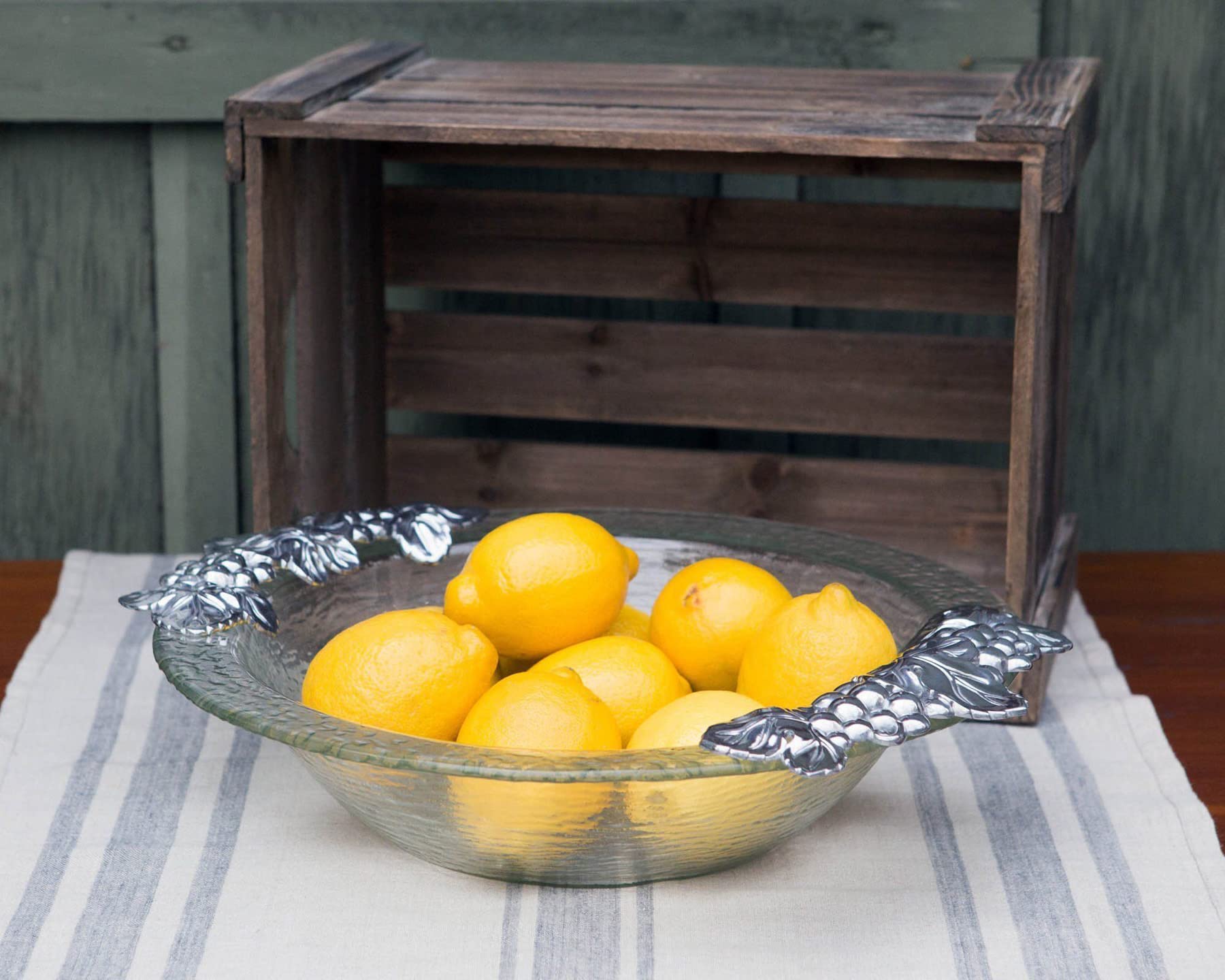 Arthur Court Designs 16 Inch Grape Pattern Glass & Aluminum Salad Bowl - Elegant Serving Bowl for Parties, Entertaining & Holiday Gatherings
