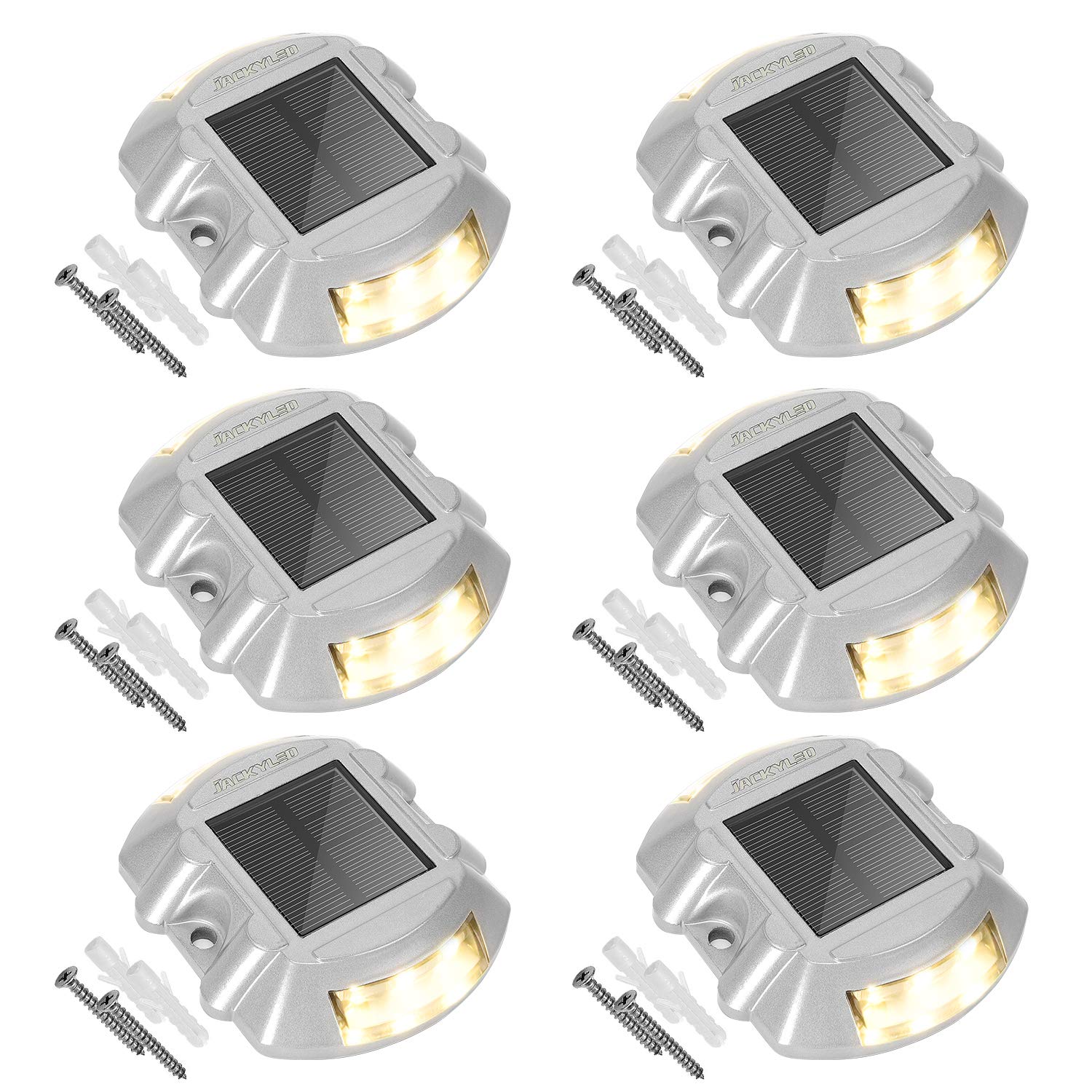JACKYLED 6-Pack Solar Dock Lights with Switch - Warm White Waterproof Outdoor LED Deck Lighting for Driveway, Marine, Step Stair, Garden, Sidewalk & Path | Solar Powered Road Studs for Night Safety & Landscape Illumination