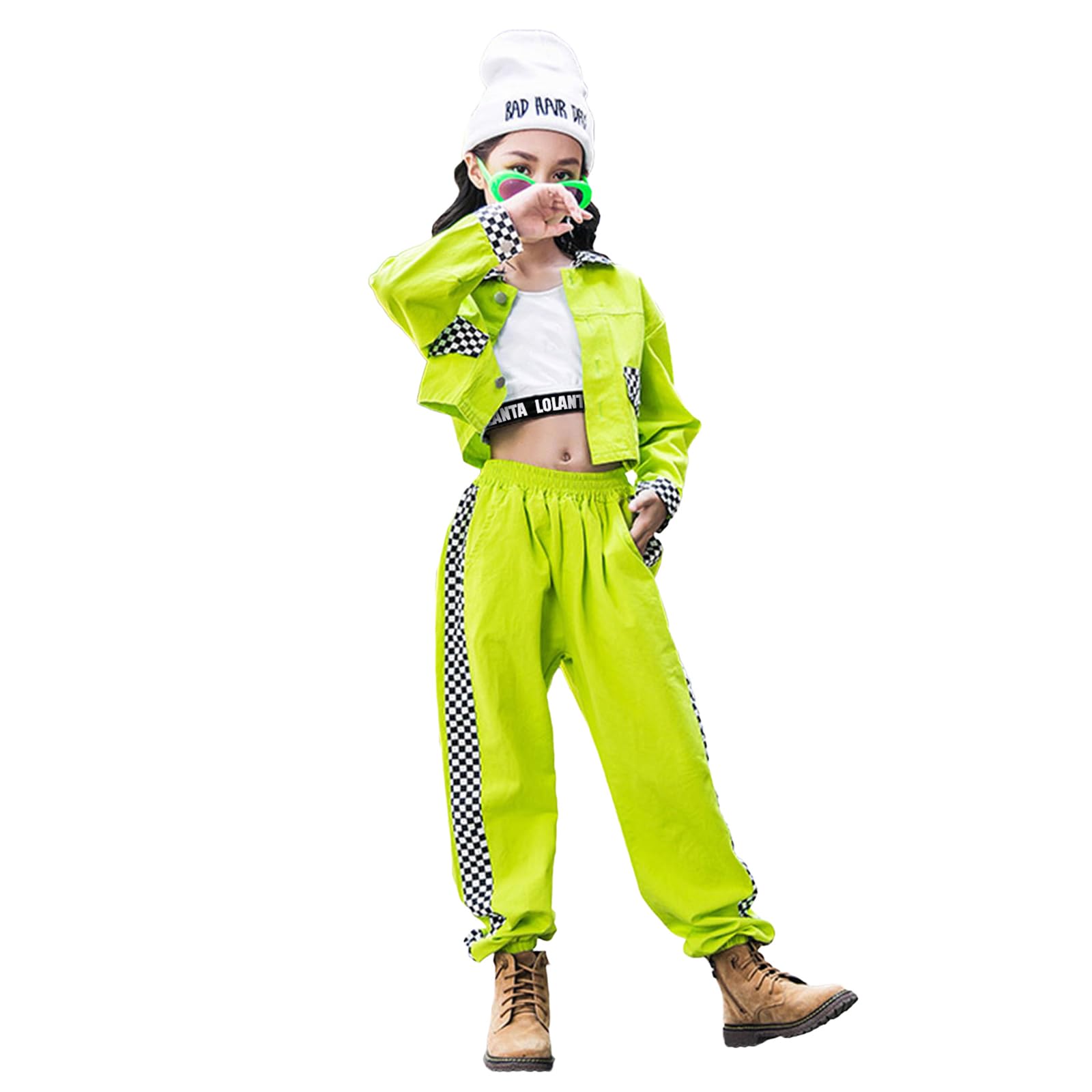 LOLANTA Girls Hip Hop Street Dance Clothes 3PCS Checkered Outfit K-pop Costume Pant Set for Dance Performance, Stage Show and Party Wear