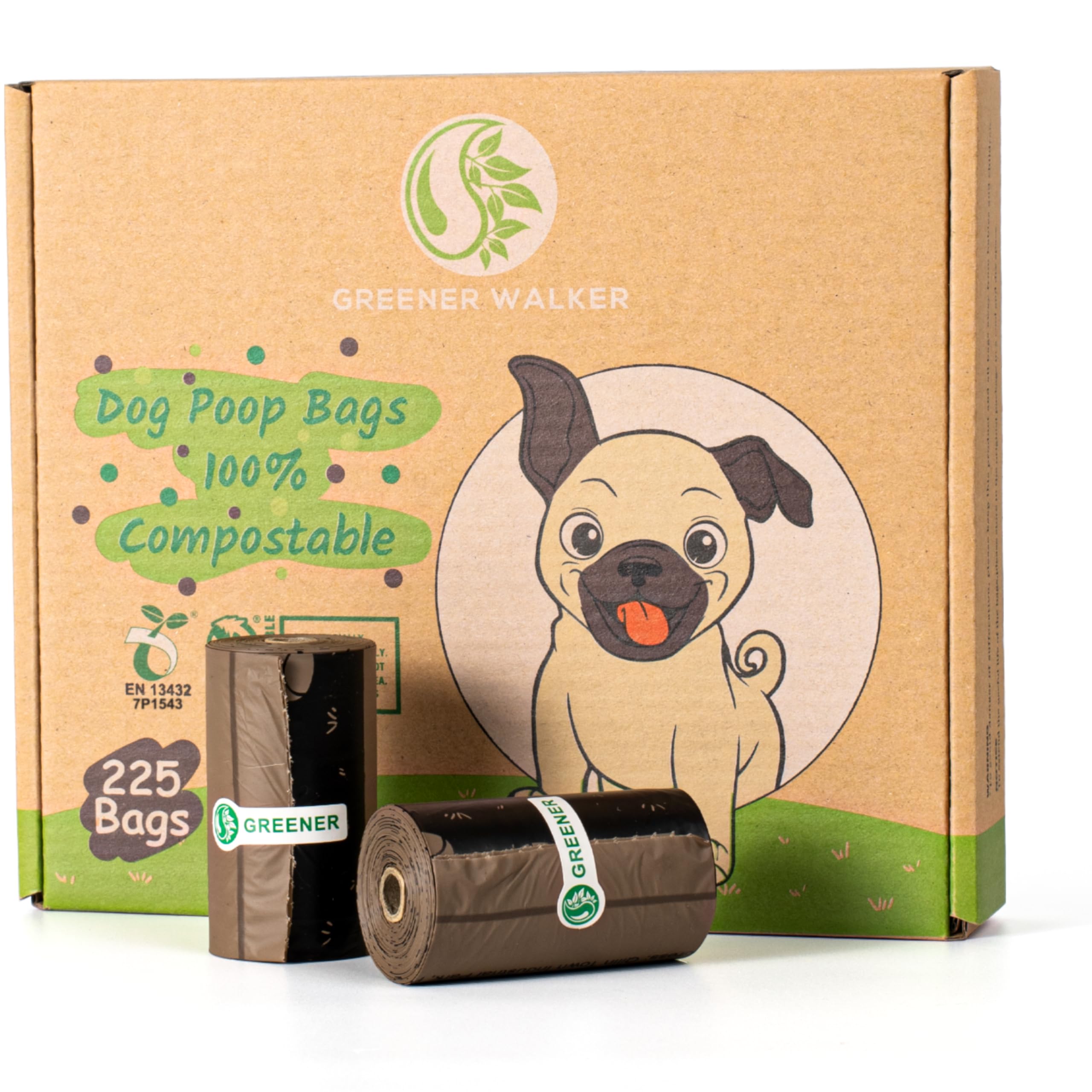 GREENER WALKER 100% Compostable Dog Poop Bags - 225 Extra Thick & Durable Waste Bags for Dogs, EN13432 Certified Eco-Friendly Pet Waste Disposal (Brown) - Perfect for Park Walks, Backyard Cleanup & Travel