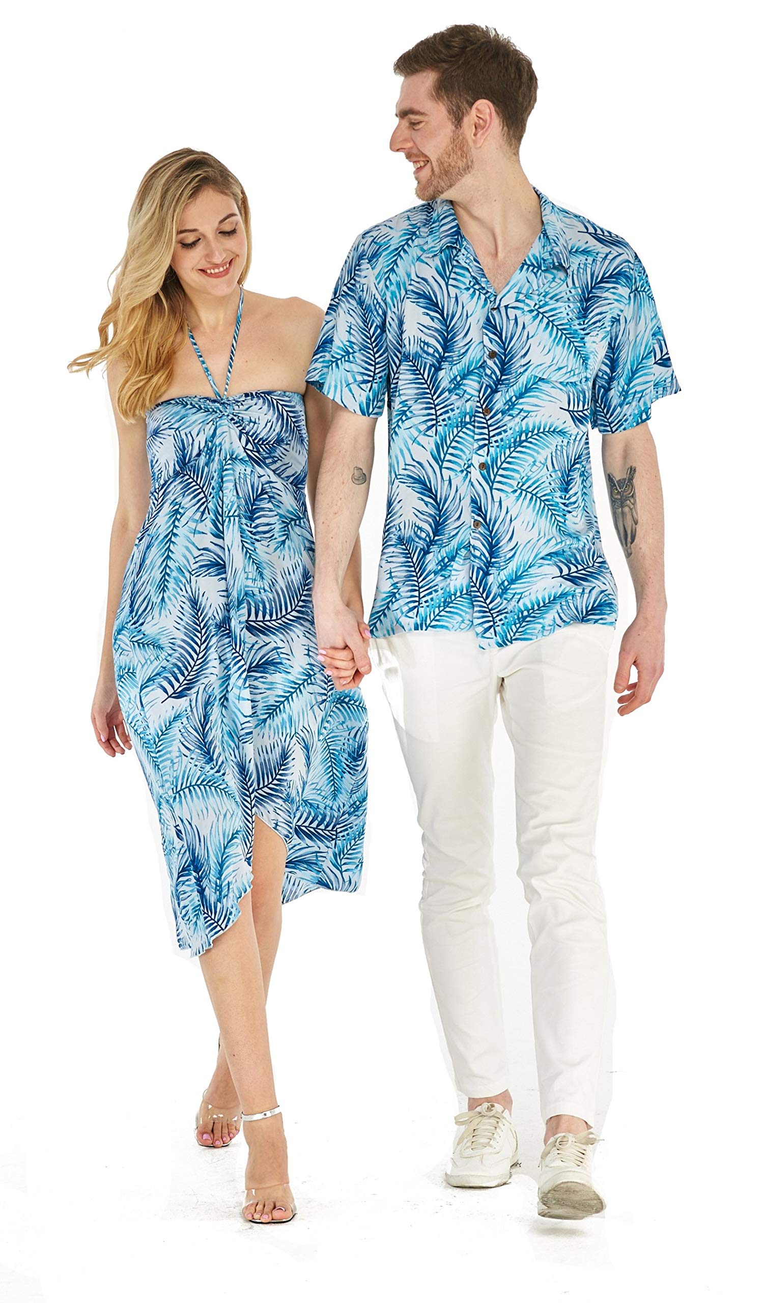 Couple Matching Hawaiian Luau Party Outfits - Black Rafelsia Aloha Shirt & Dress Set for Beach Vacation, Summer Party & Tropical Theme Events