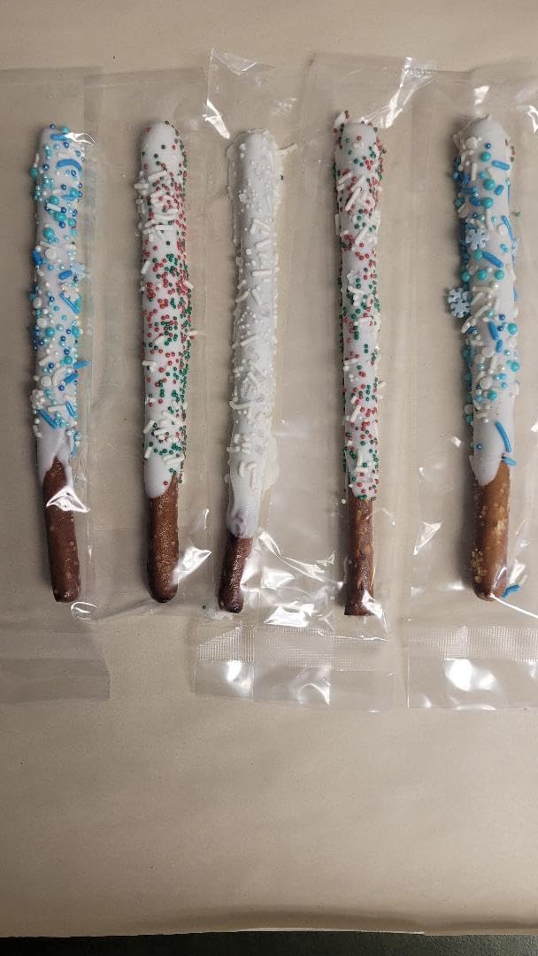 Premium White Chocolate Covered Pretzel Rods with Holiday Toppings - Perfect for Christmas Gifts, Party Snacks & Festive Treats