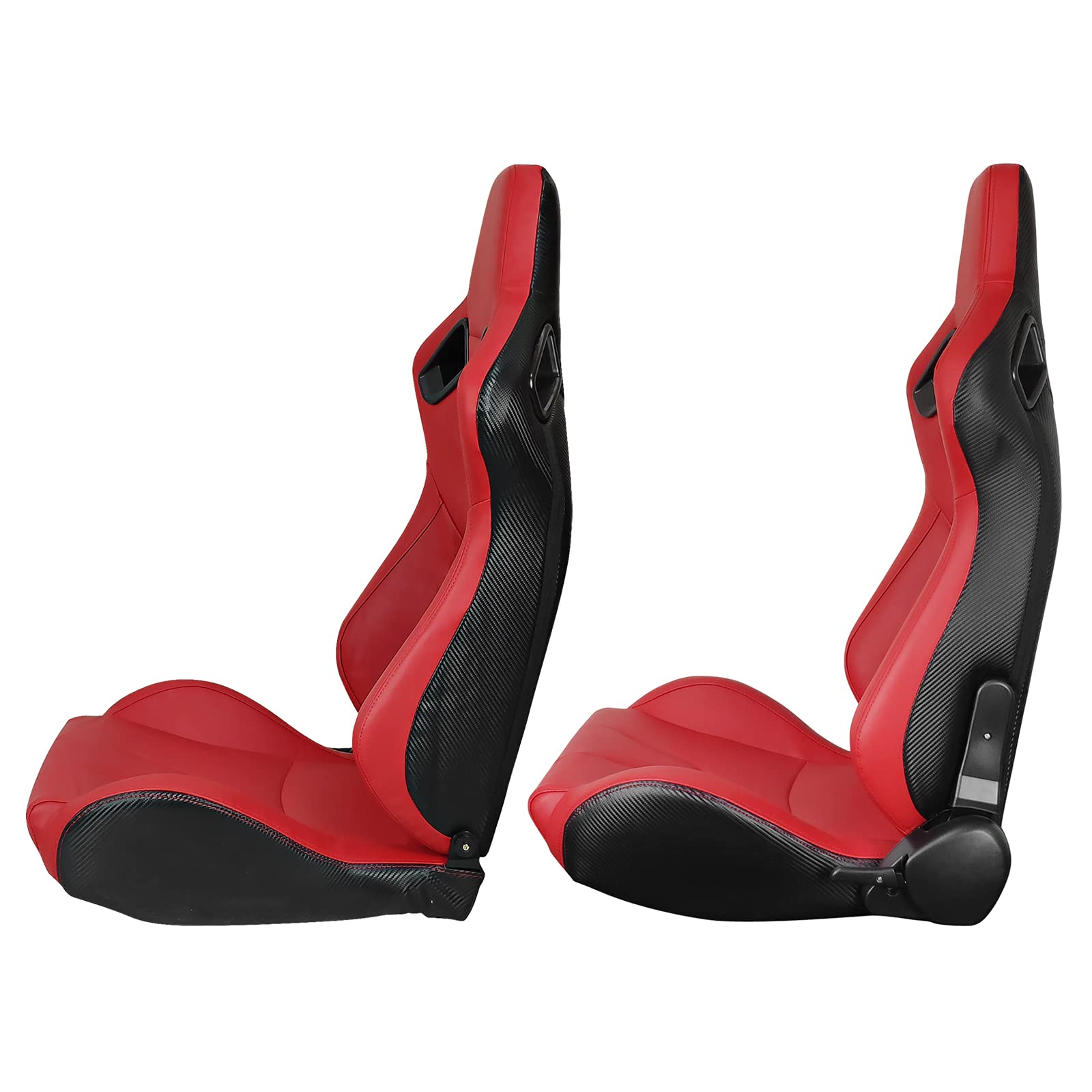 FREEMOTOR802 Universal Racing Seats - Reclinable Sport Car Seats with Dual Lock Sliders, Adjustable Bucket Seats for Driver & Passenger (1 Pair) - PU & Carbon Fiber Fabric in Red | Perfect for Track Racing, Drifting & Performance Car Upgrades