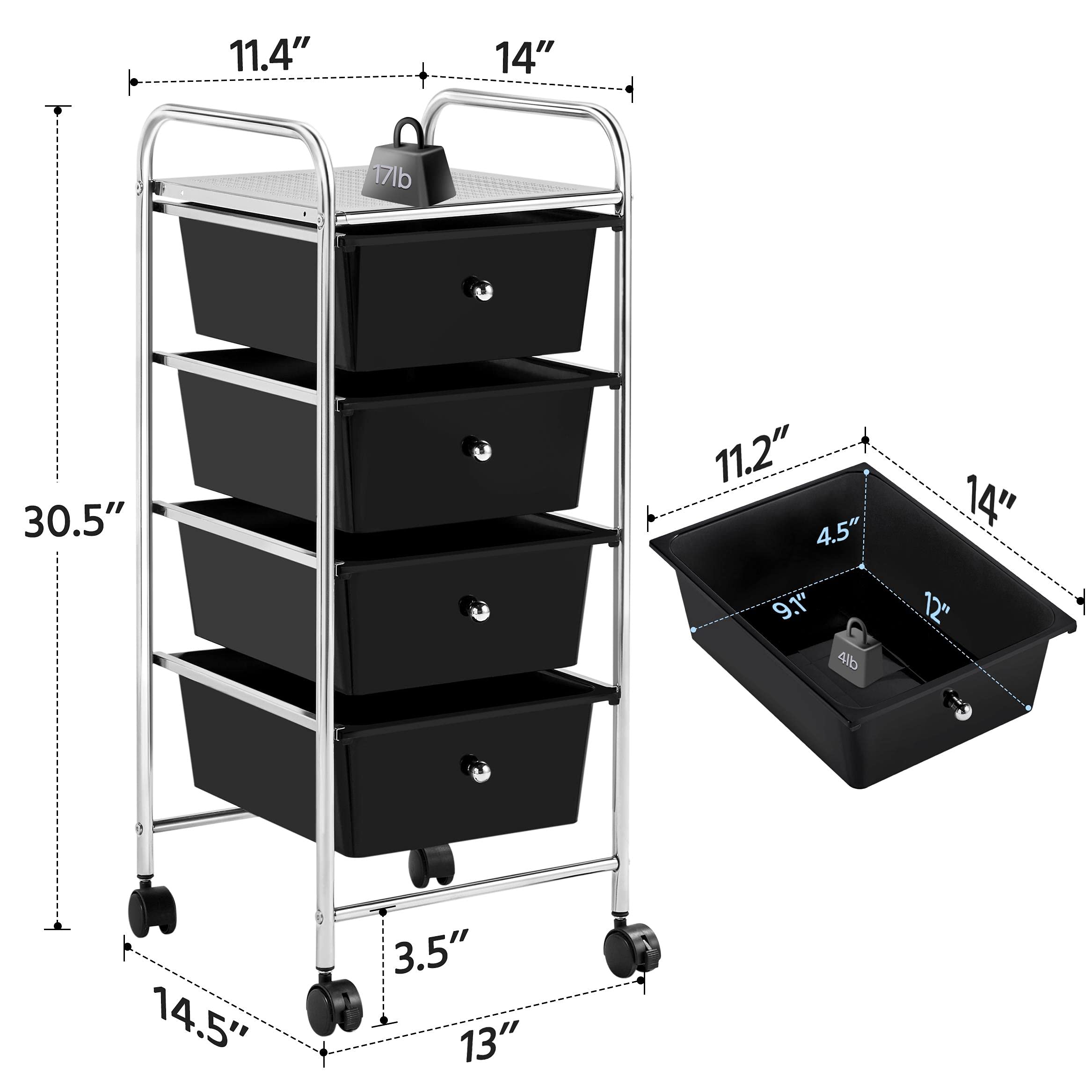 Topeakmart 4-Tier Rolling Storage Cart with Removable Drawers - Plastic Mobile Organizer Utility Cart with 360° Swivel Castor Wheels - Perfect for Craft Room, Kitchen, Office, Bathroom & Garage Storage - Black