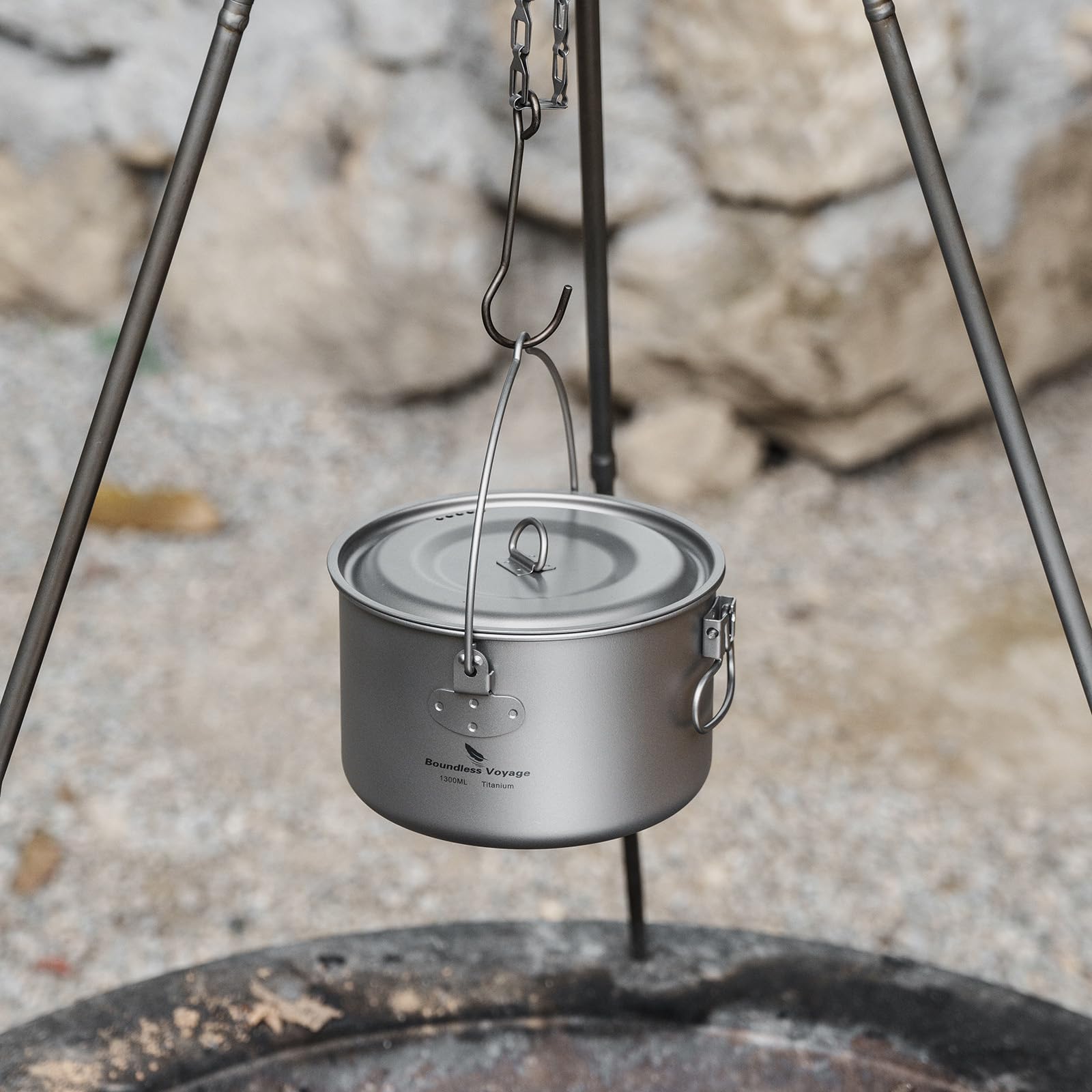iBasingo 1.3L (1300ml) Titanium Camping Pot with Lid - Ultralight Backpacking Cookware for Solo Hiking, Camping & Outdoor Adventures - Portable Cooking Pot with Measurement Marks (Ti2043C) - Perfect for Backpackers, Mountaineering & Wilderness Trips