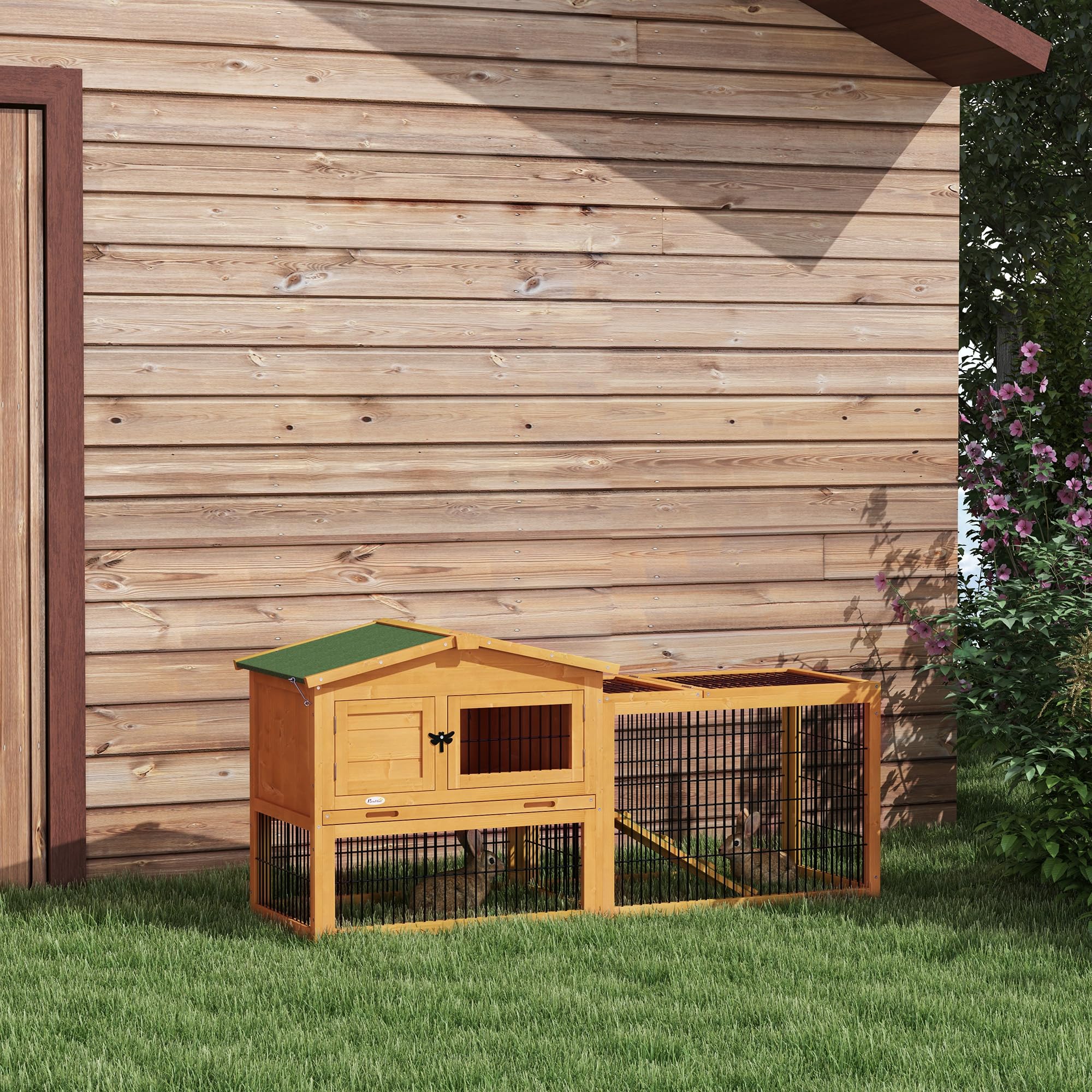 Premium PawHut 2-Story Outdoor Rabbit Hutch with Slide-Out Tray & Run Cage - Openable Top for Rabbits & Guinea Pigs (Yellow) - Perfect for Backyard, Garden, or Patio Small Pet Housing