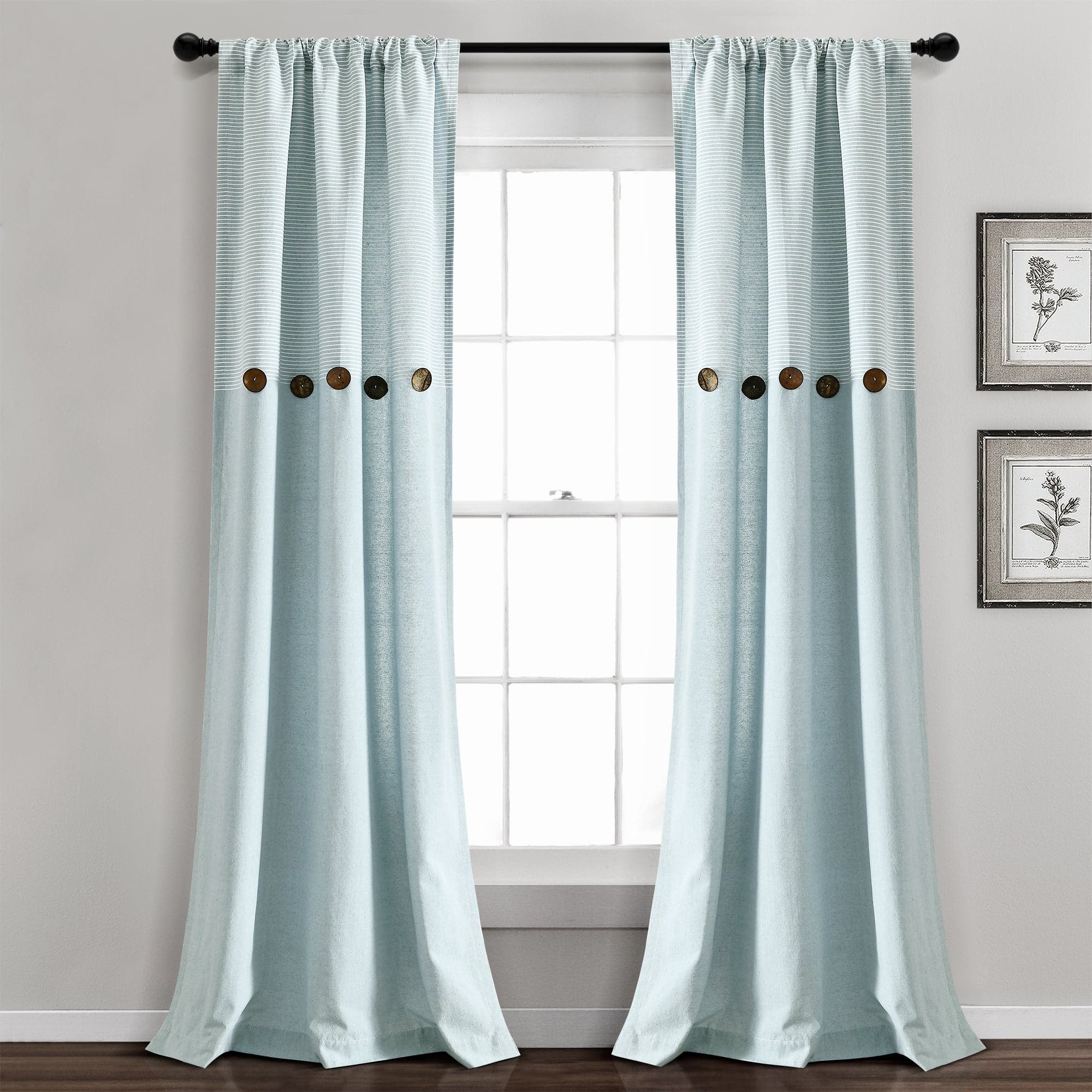Farmhouse Style Button Stripe Yarn Dyed Woven Cotton Blend Curtain Panel Set - Light Filtering Window Treatments for Living Room, Bedroom & Dining Room