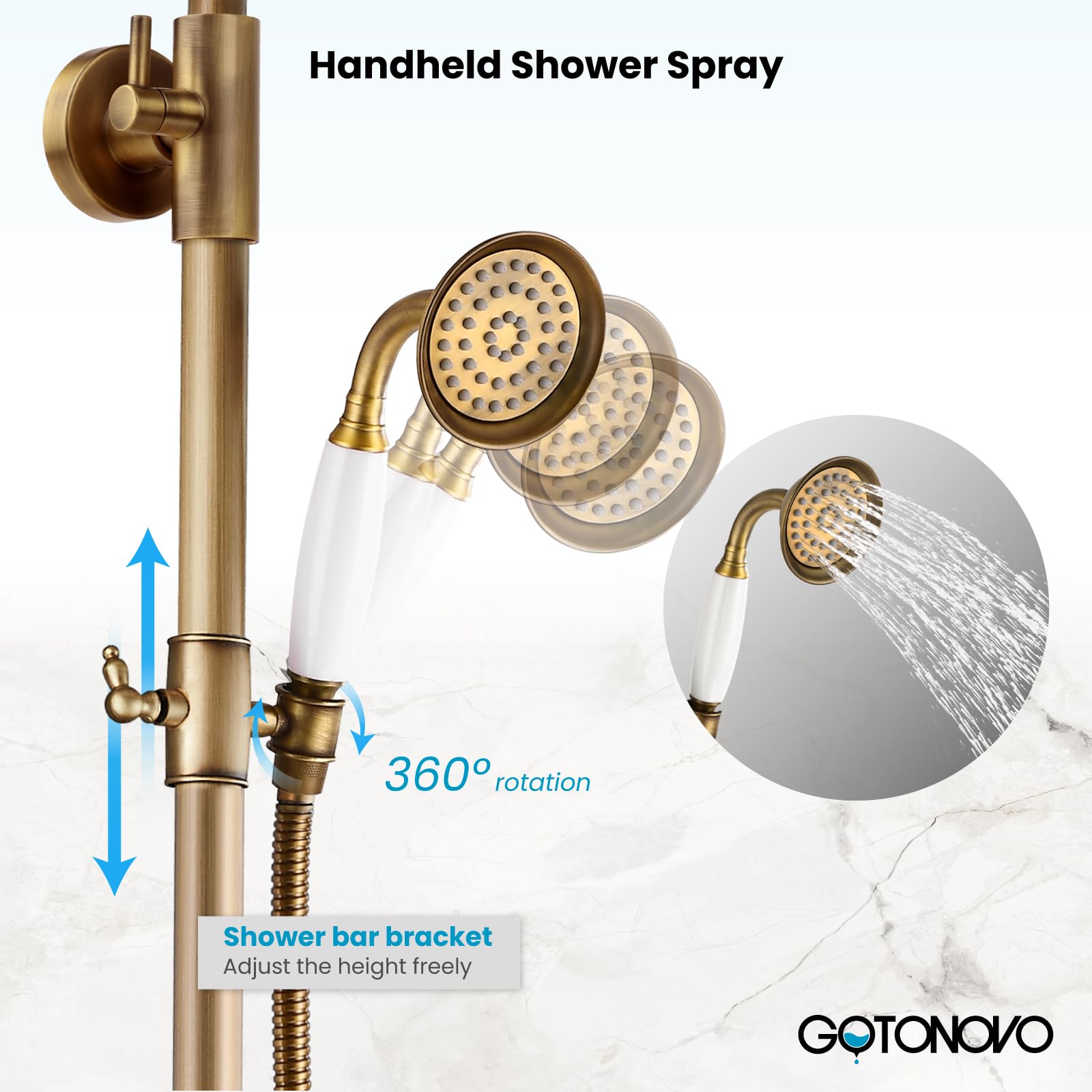 Gotonovo 8-Inch Rainfall Shower Head with Handheld Sprayer - Antique Brass Vintage Bathroom Tub Shower Faucet Set with Wall Mounted Shower Shelf & Tub Spout - Perfect for Modern & Vintage Bathroom Renovations