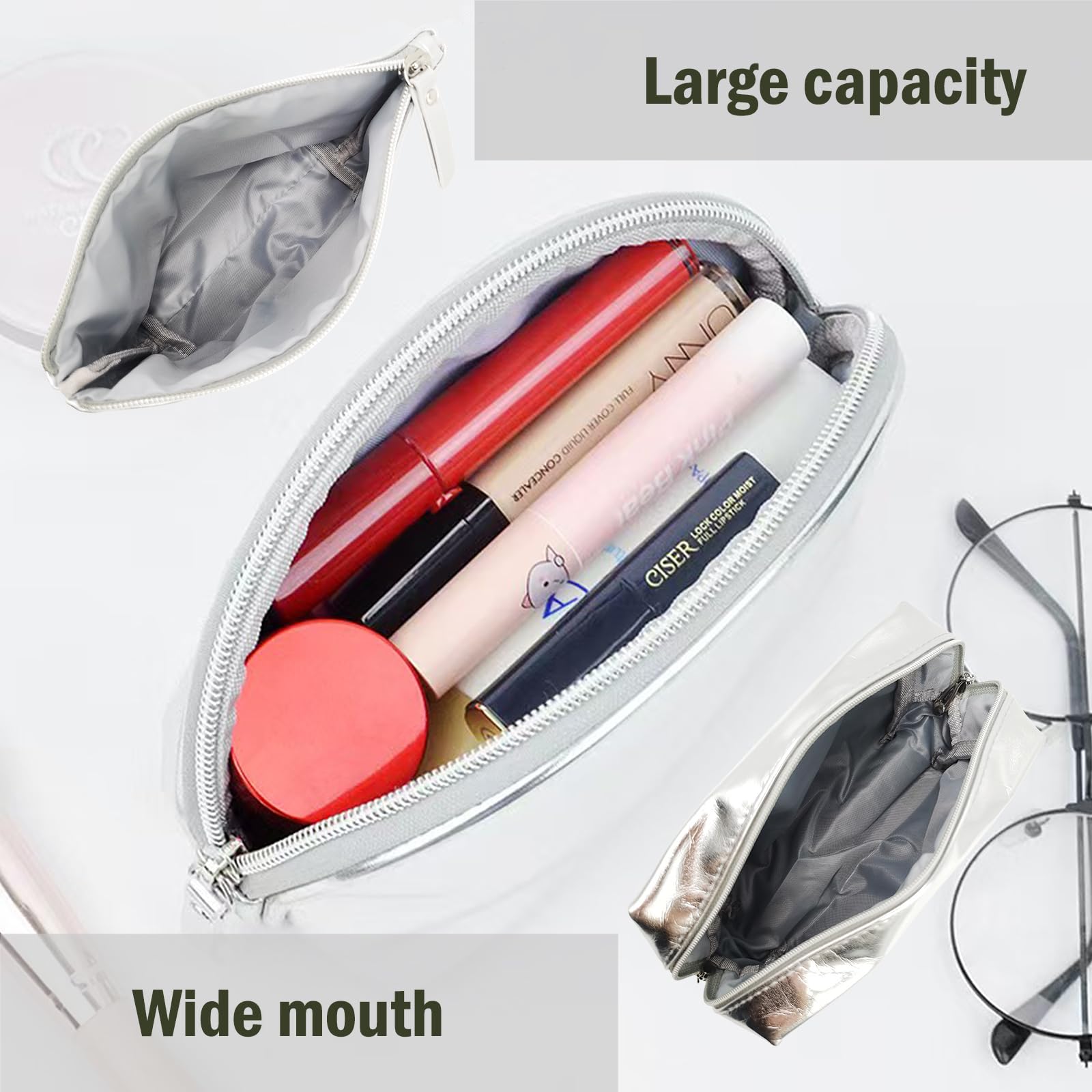 3-Piece Leather Makeup Bag Set for Women - Travel Cosmetic & Toiletry Organizer Pouch with Personalization - Skincare Storage Case in Silver | Perfect for Travel, Gym, and Daily Beauty Essentials