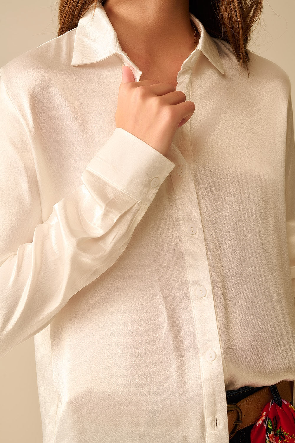 Women's Long Sleeve Satin Blouse with Polo Collar - White Elegance for Office Wear & Evening Events