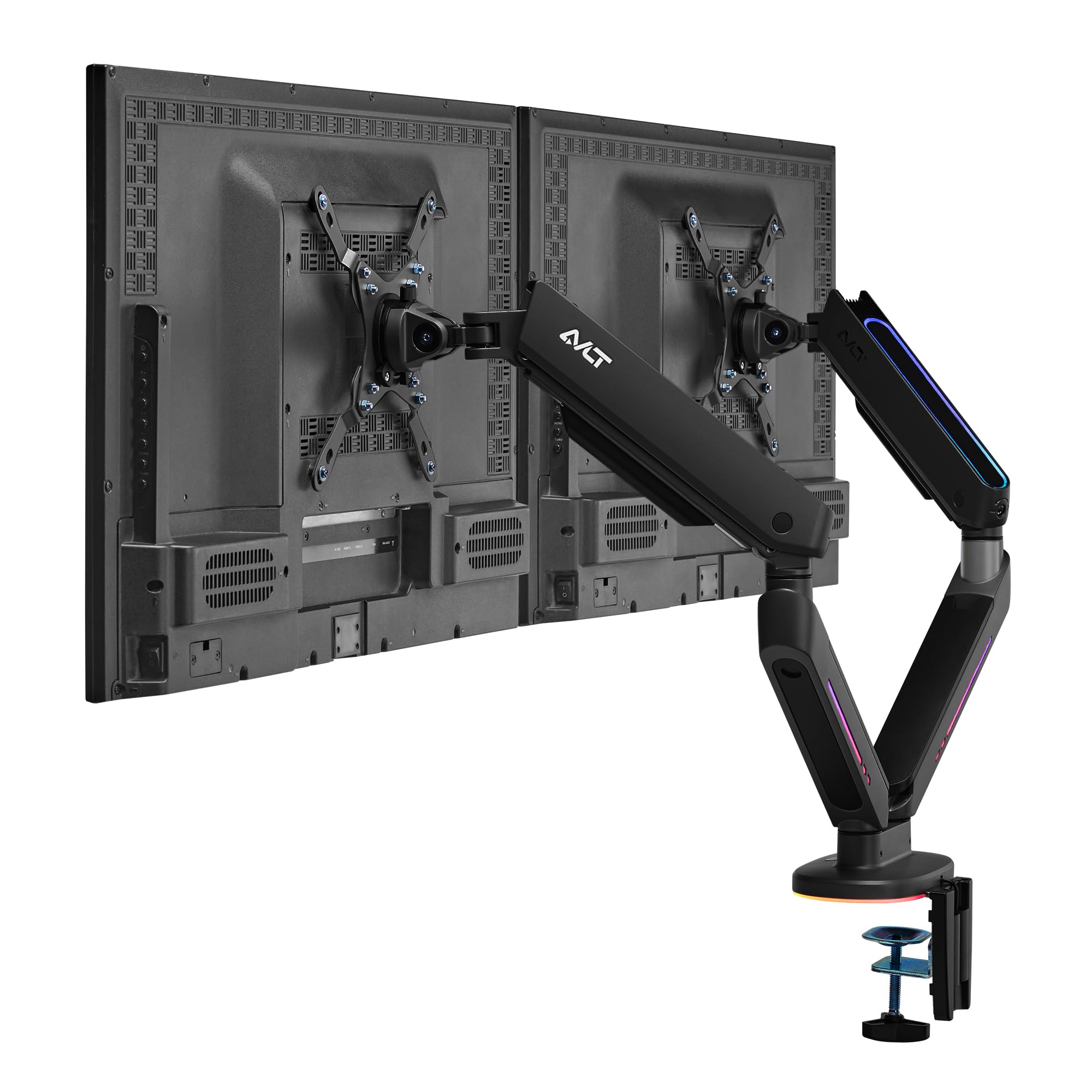 AVLT Dual 27”-43” RGB Gaming Monitor Arm Desk Mount with 20 Lighting Modes & Touch Control - Adjustable Stand for Flat/Curved/Ultrawide Screens - Height, Swivel & Tilt Rotation - Black | Perfect for Gaming Setup & Home Office Workstation