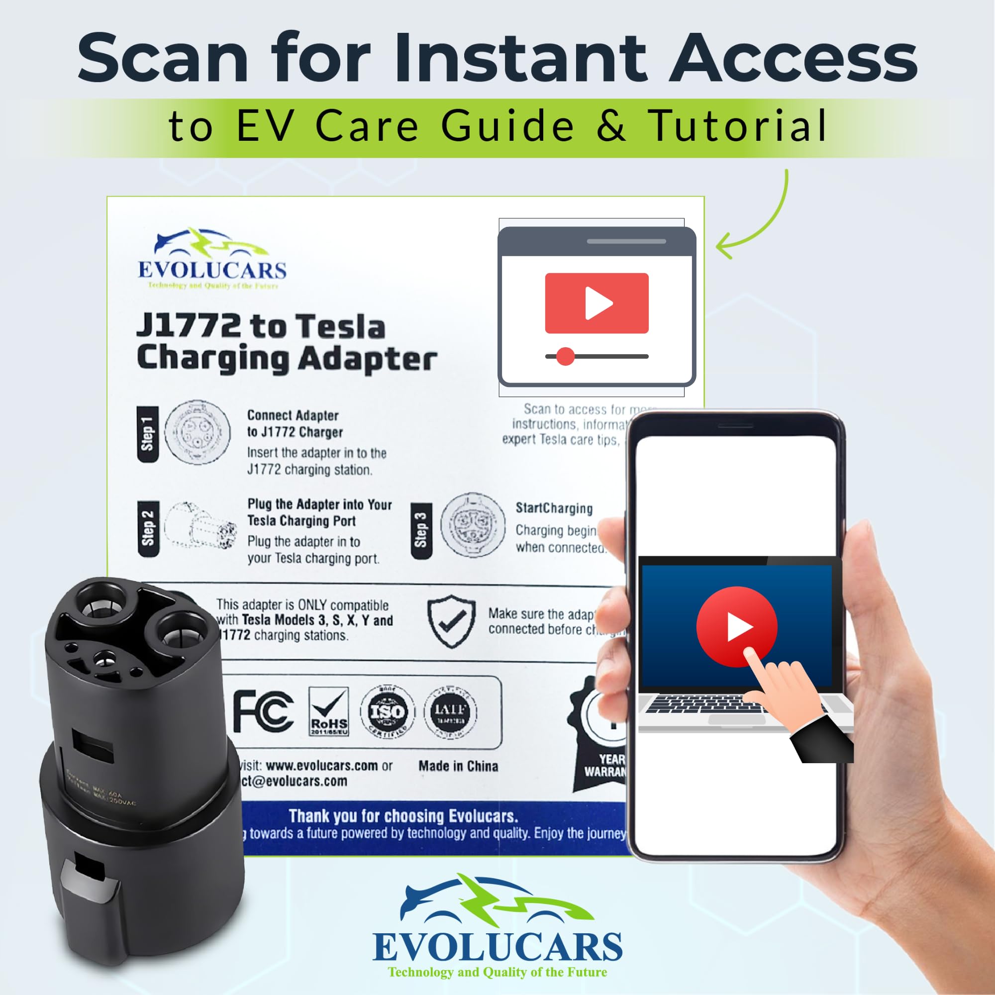 J1772 to Tesla Adapter - 4 Safety Certified EV Charger Converter for Tesla Model 3/Y/X/S with Video Tutorial & Battery Care Guide | Perfect for Home, Workplace & Public Charging Stations