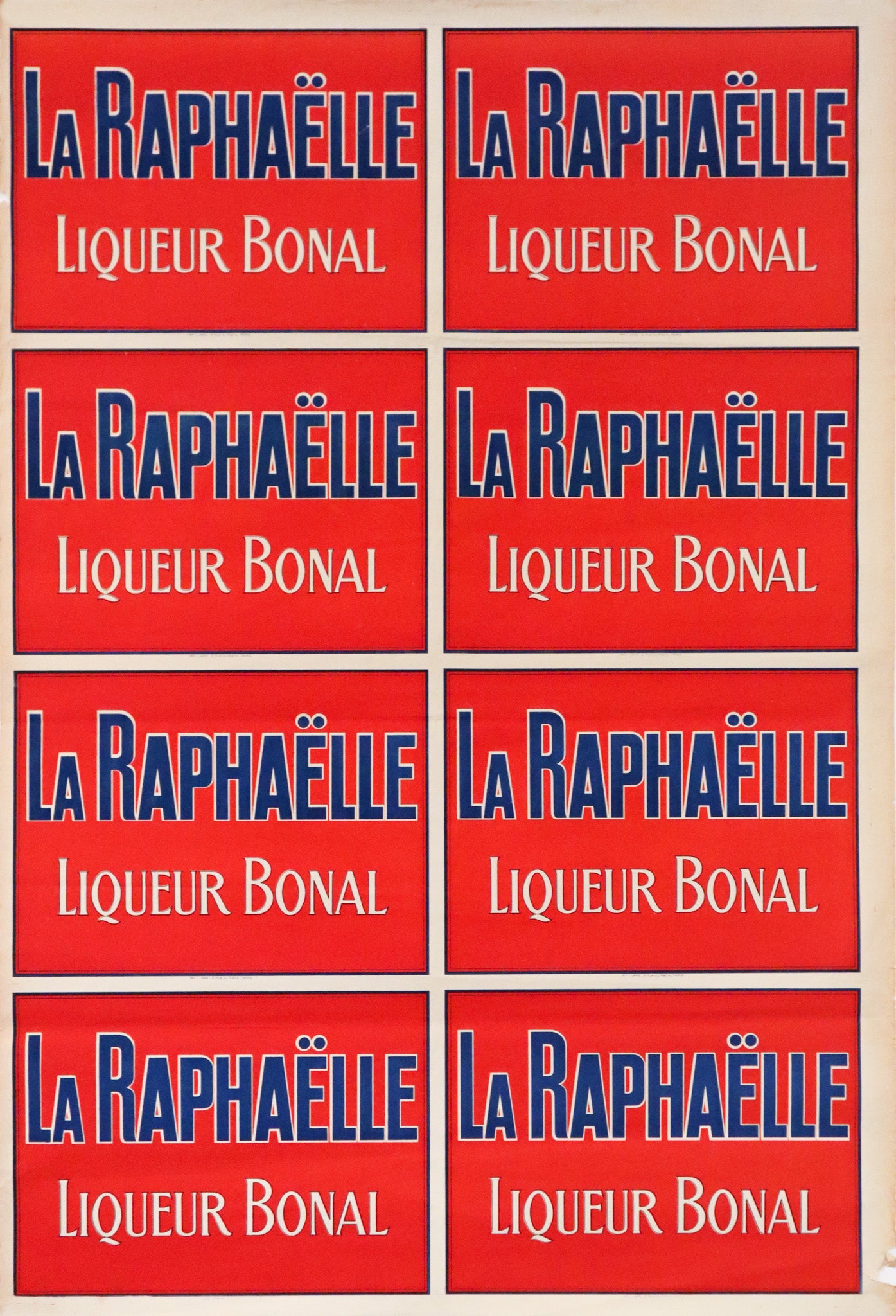 1920's French Vintage Alcohol Poster - La Raphaelle (Blue Text/Red Background) | Retro Bar Decor, Man Cave Wall Art, Vintage Home Decor for Living Room & Office