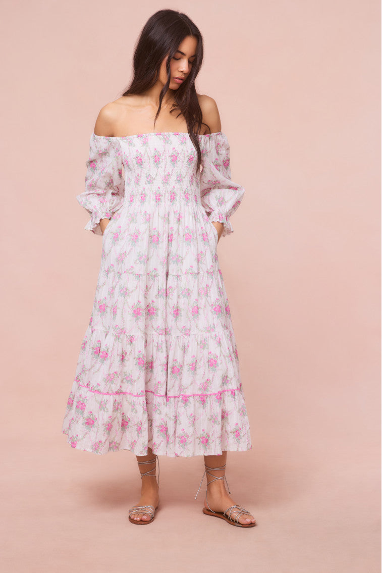 Rigby Cotton Floral Midi Dress - Women's Summer Boho Dress with Short Sleeves & Pockets - Perfect for Beach Vacations, Garden Parties & Casual Outings