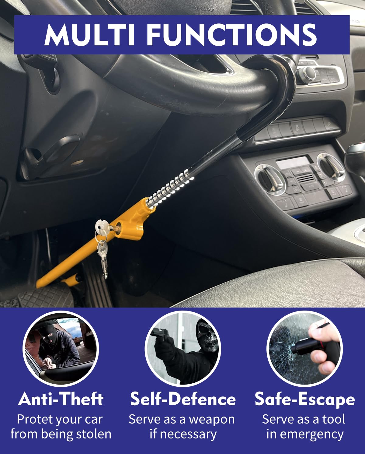 Universal Anti-Theft Steering Wheel Lock for Cars - Retractable Hook Design with Pedal Brake Lock | Yellow Security Device for Vehicle Protection | Perfect for Parking Security & Theft Prevention